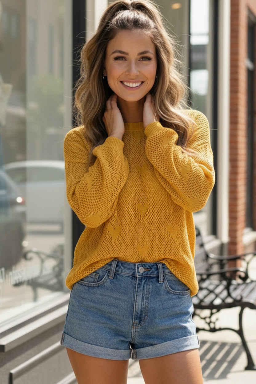 And The Why Mustard Heart Knit Lightweight Sweater