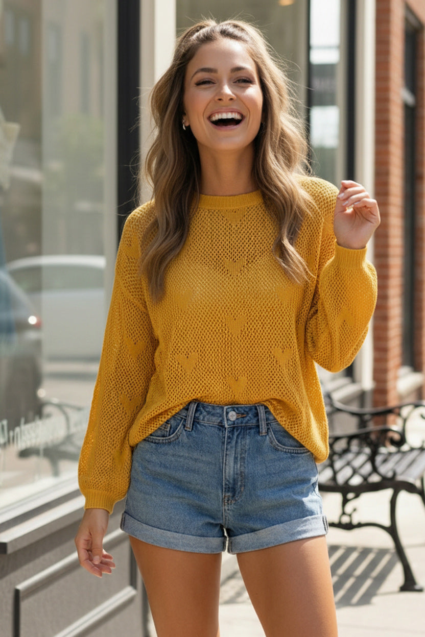 And The Why Mustard Heart Knit Lightweight Sweater