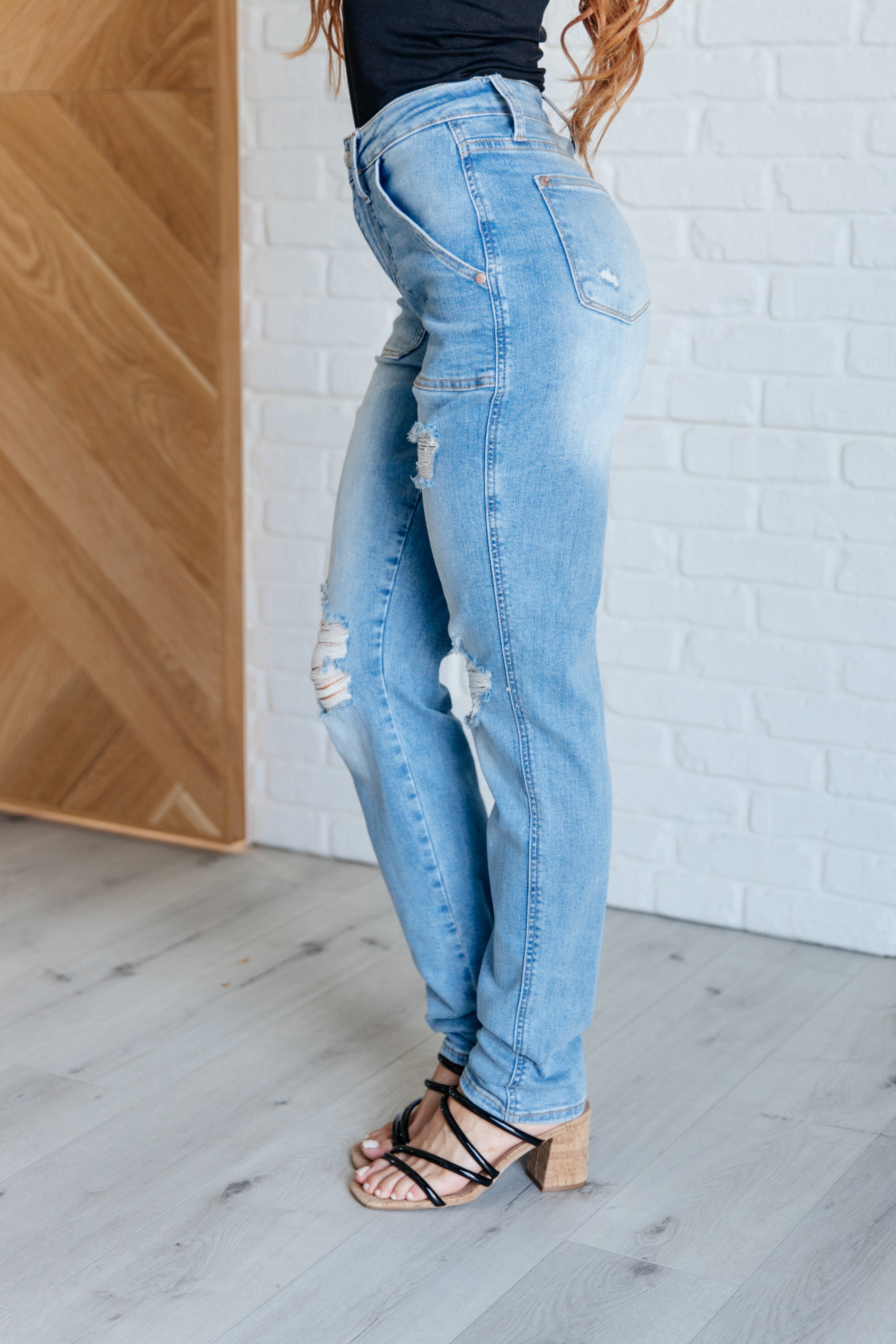 Judy Blue Aiden High Rise Patch Pocket Distressed Boyfriend Jeans Denim