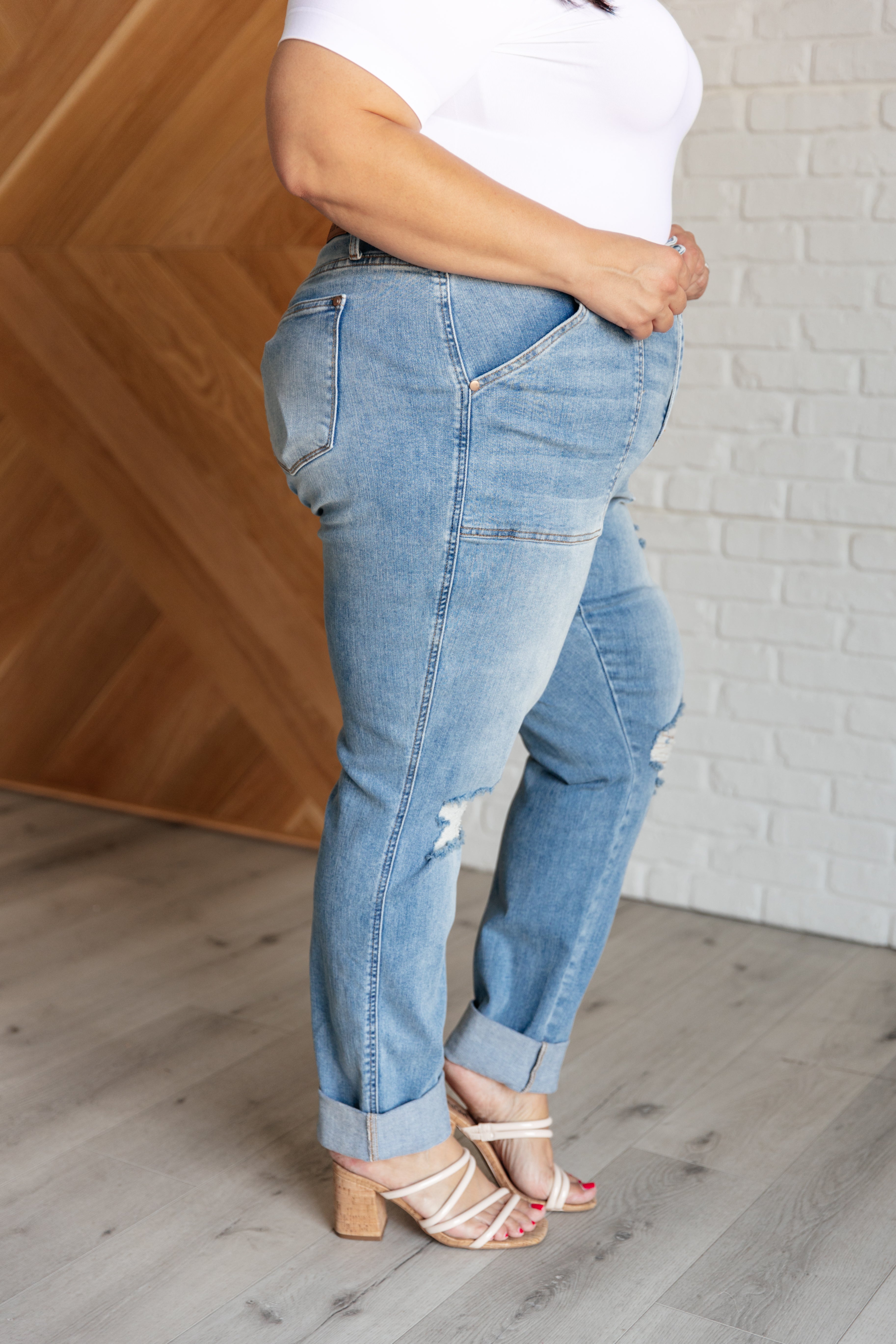 Judy Blue Aiden High Rise Patch Pocket Distressed Boyfriend Jeans Denim