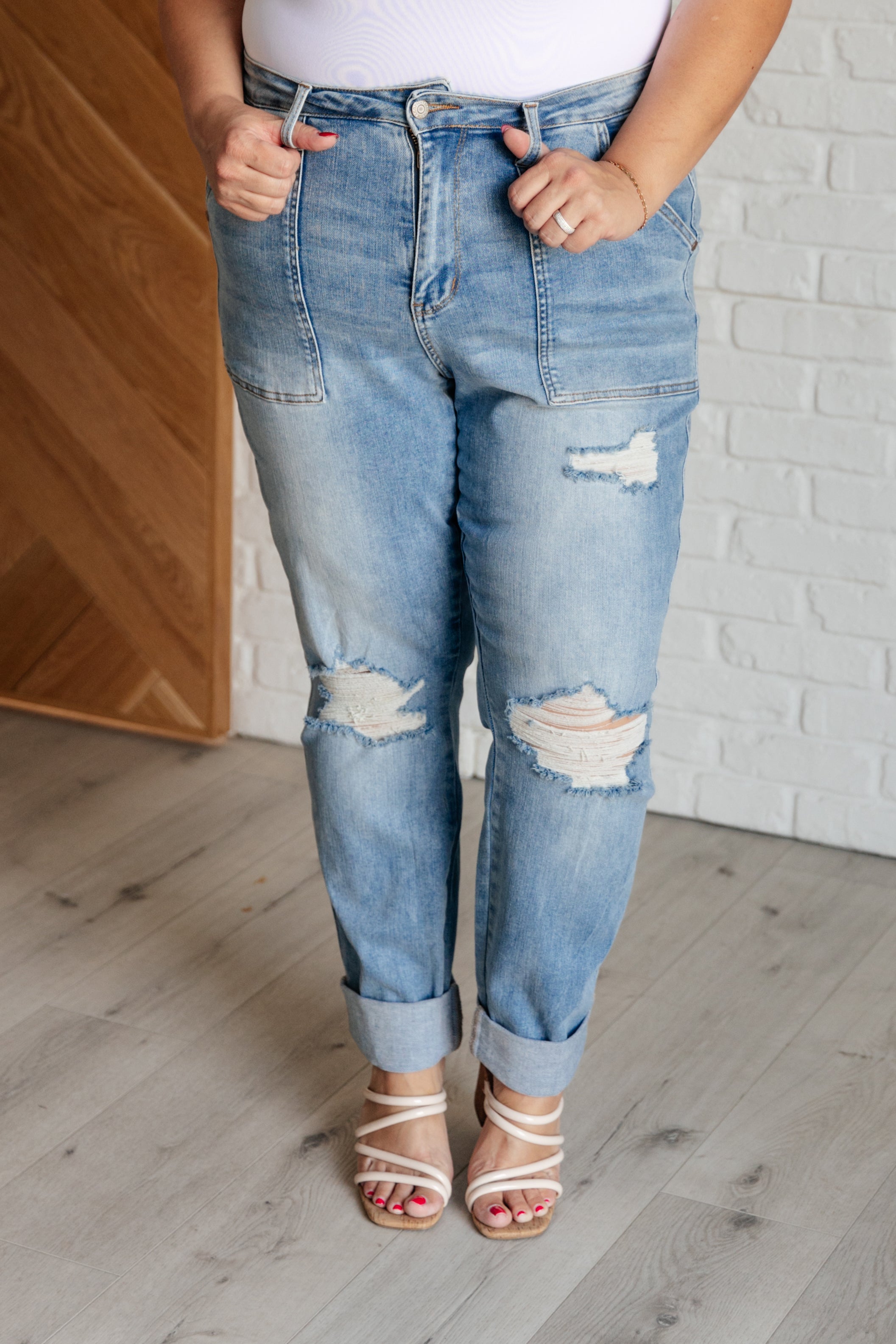 Judy Blue Aiden High Rise Patch Pocket Distressed Boyfriend Jeans Denim