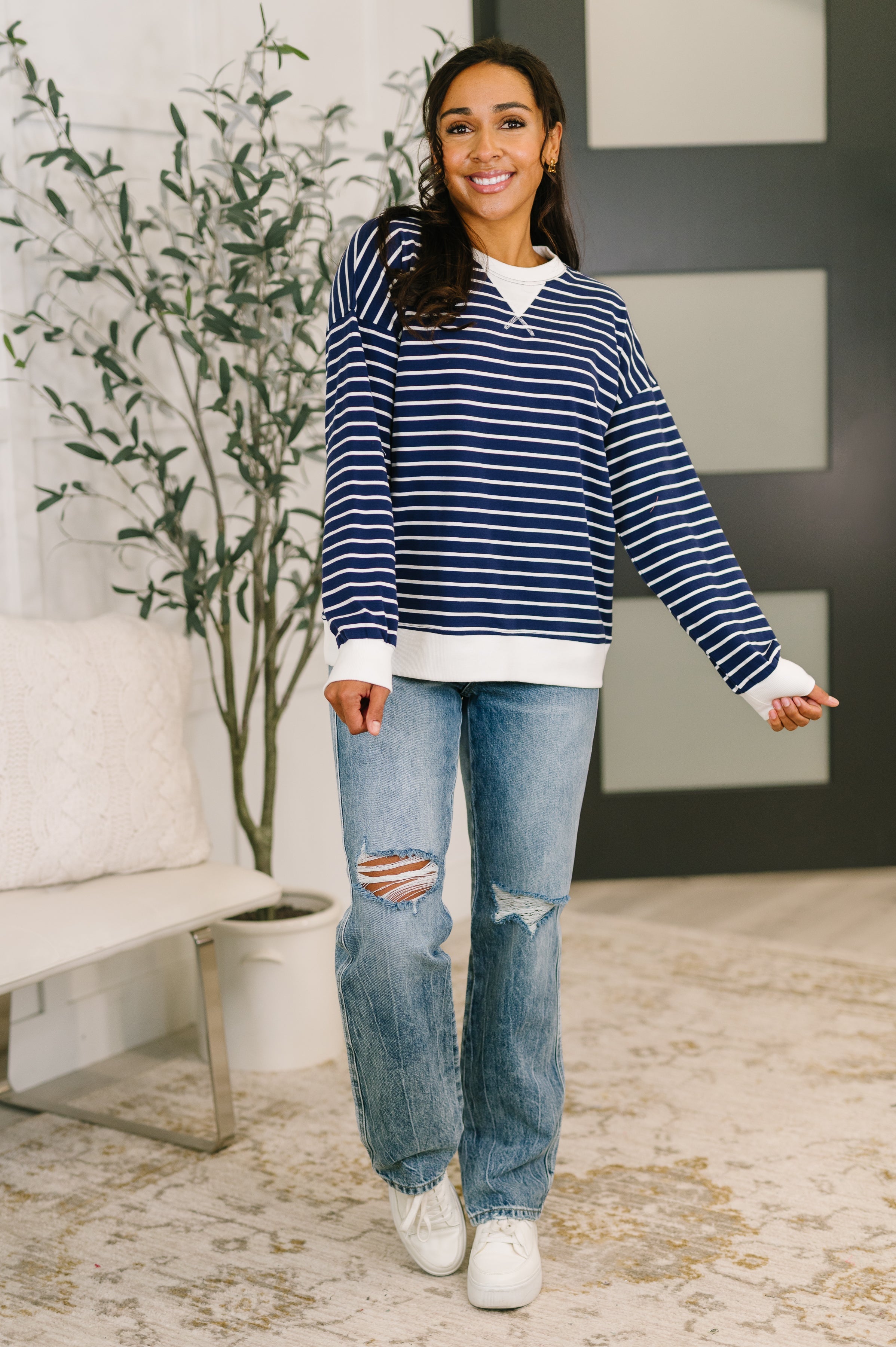 Zenana Almost Therapeutic Drop Shoulder Pullover in Navy Womens