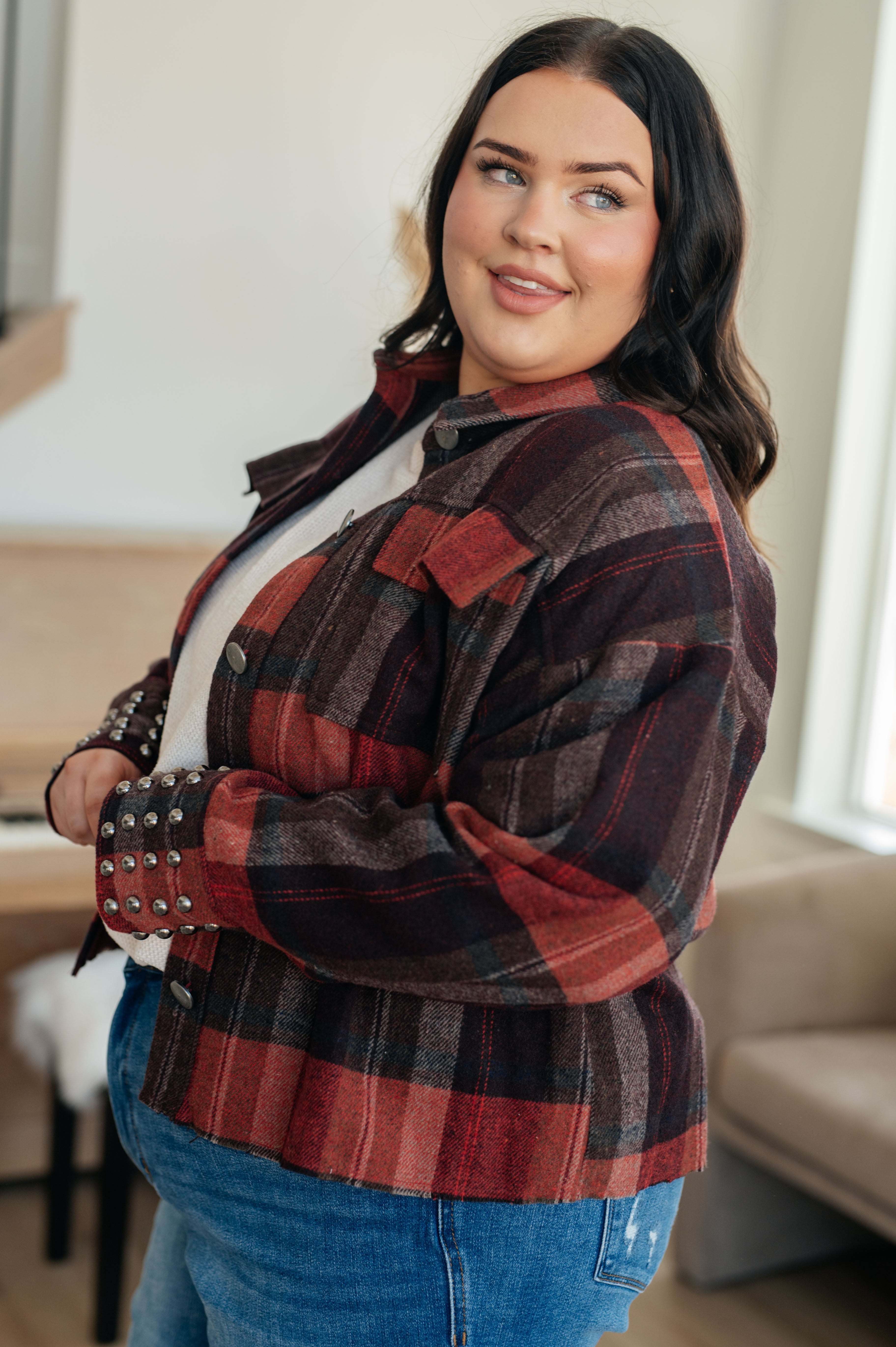 Haptics Already There Plaid Shacket With Studded Cuffs Coats & Jackets