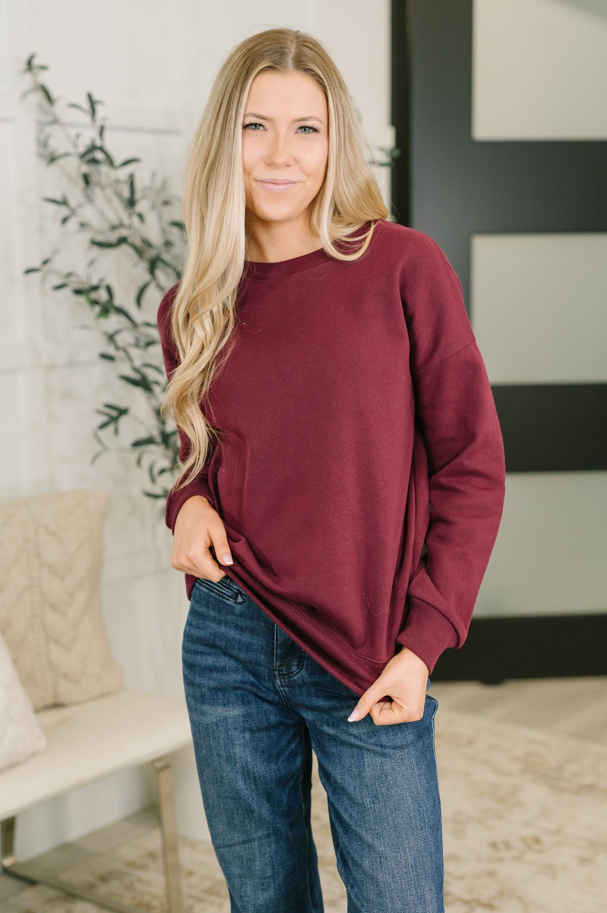 Zenana Always True Drop Shoulder Pullover in Dark Burgundy Womens
