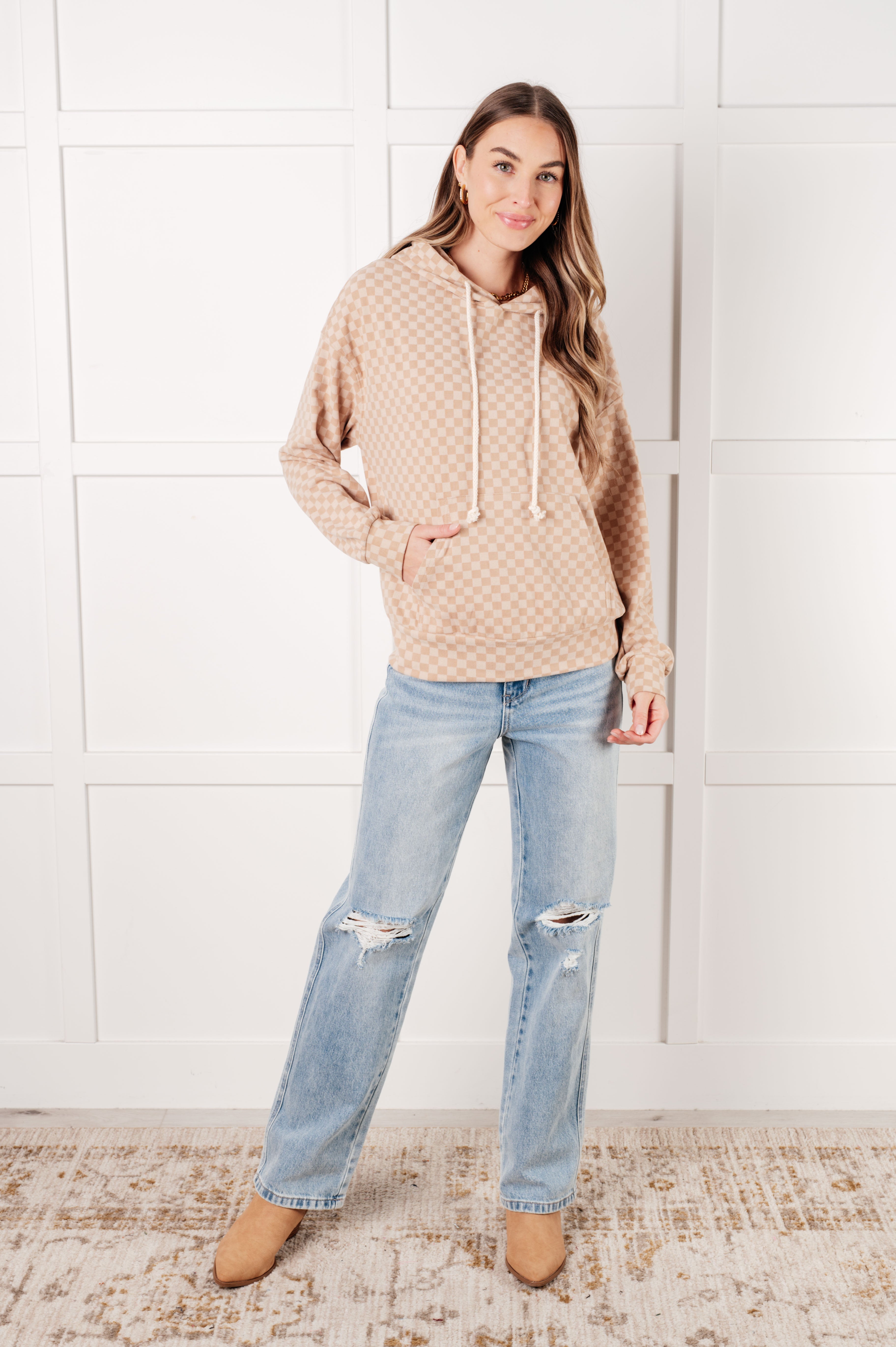 One Eleven North Ask Me Out Checkered Hoodie in Khaki Tops