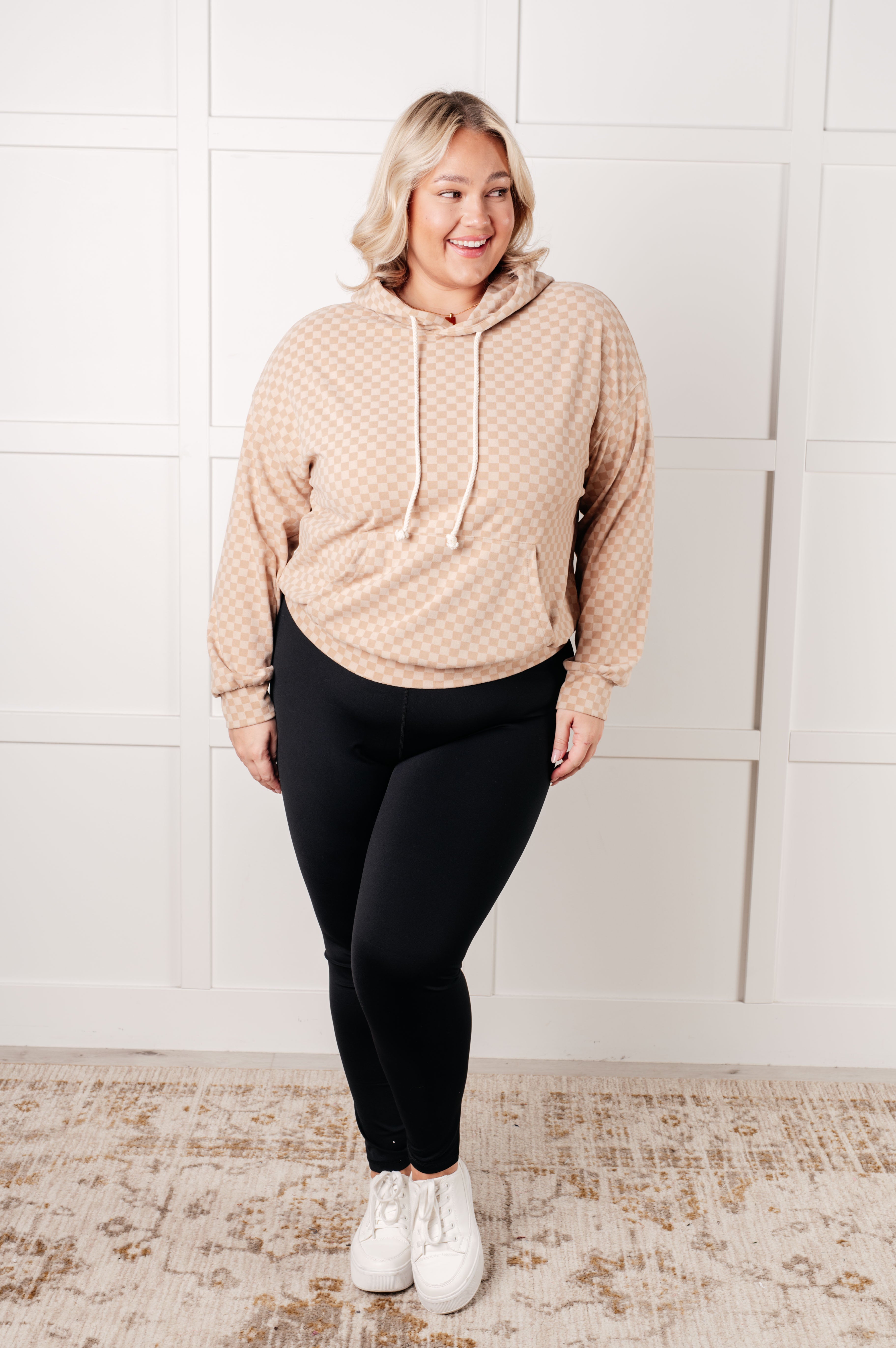 One Eleven North Ask Me Out Checkered Hoodie in Khaki Tops