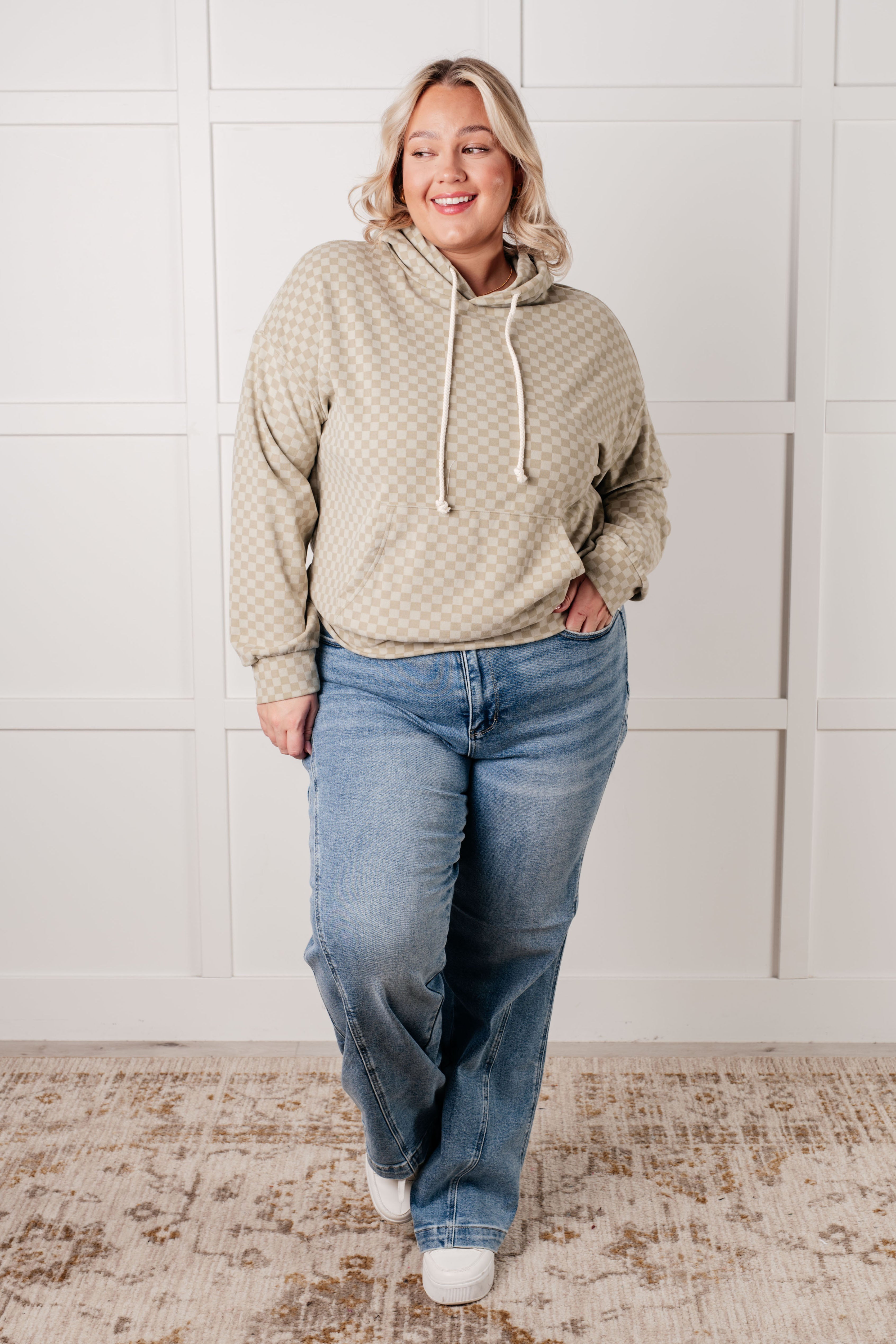 One Eleven North Ask Me Out Checkered Hoodie in Sage Tops