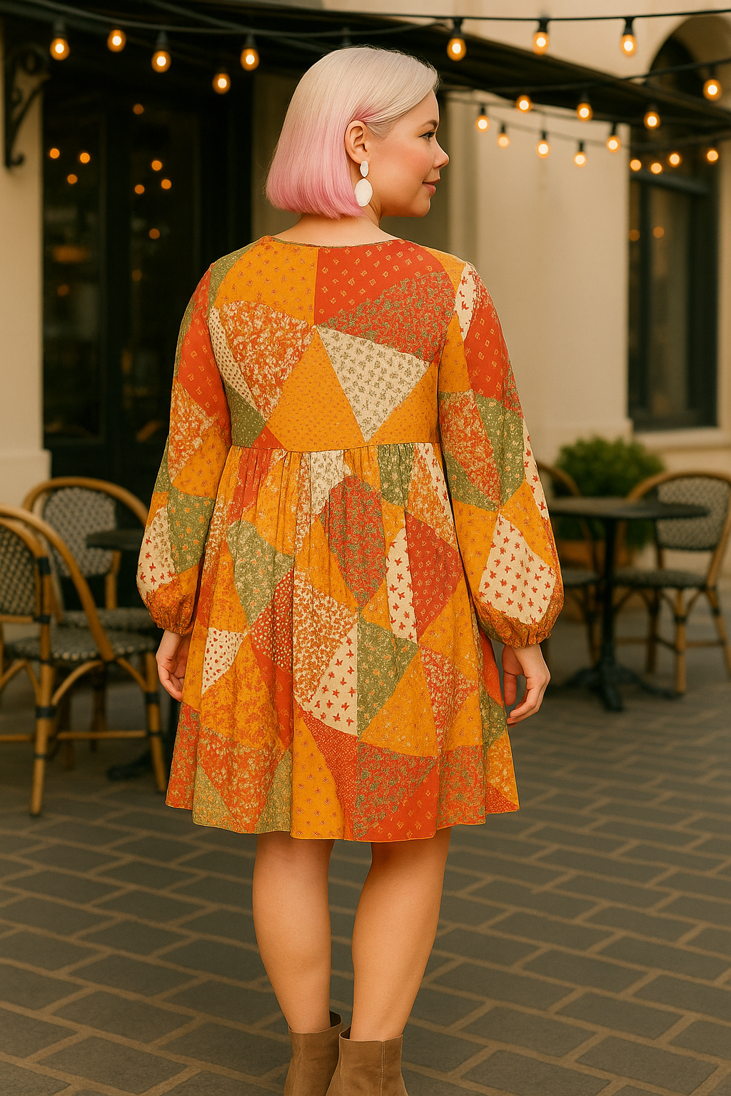 Haptics Fall Waffle Textured Patchwork Babydoll Dress