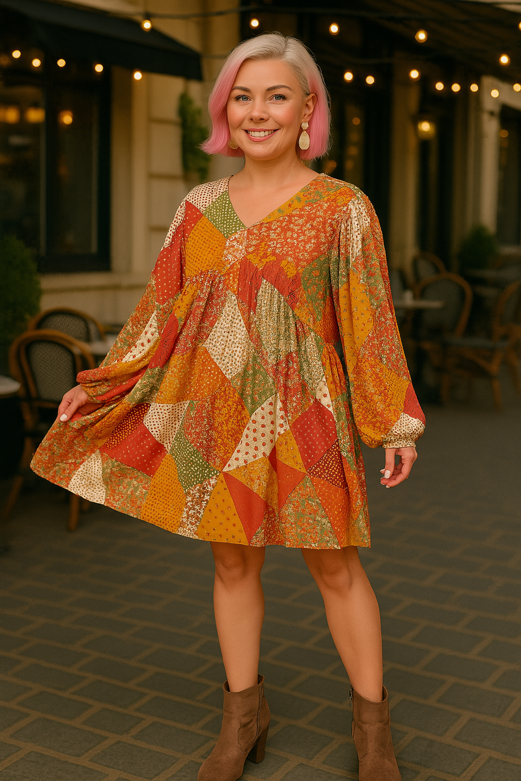 Haptics Fall Waffle Textured Patchwork Babydoll Dress Small