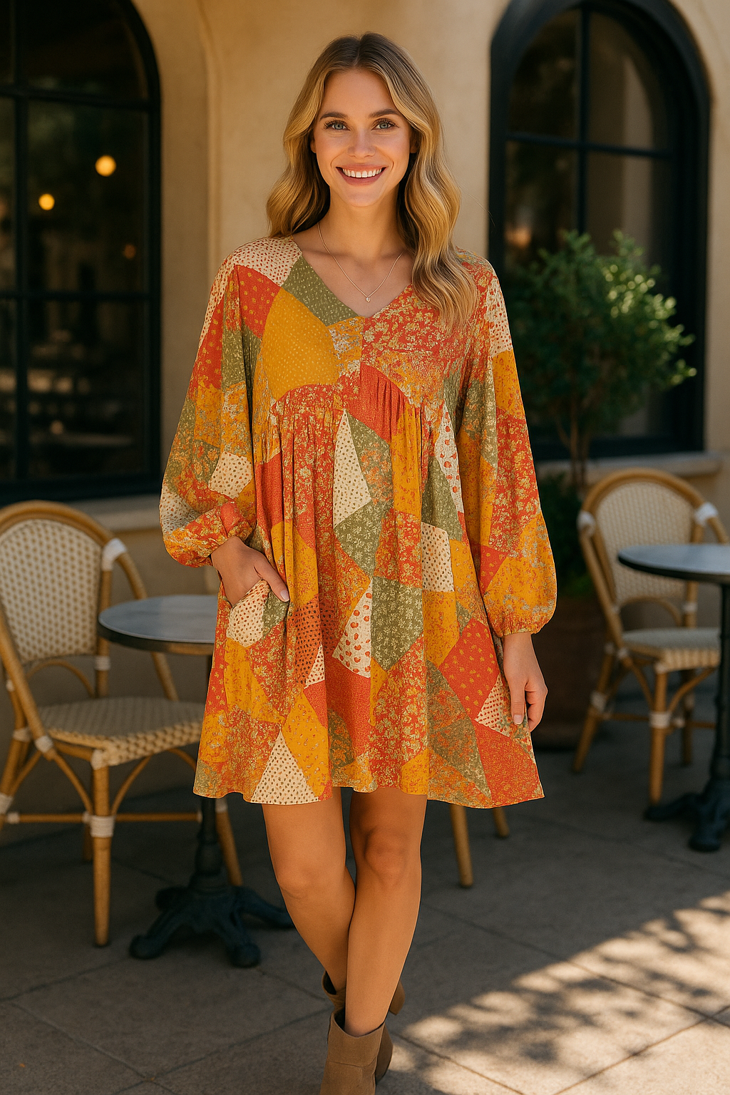 Haptics Fall Waffle Textured Patchwork Babydoll Dress