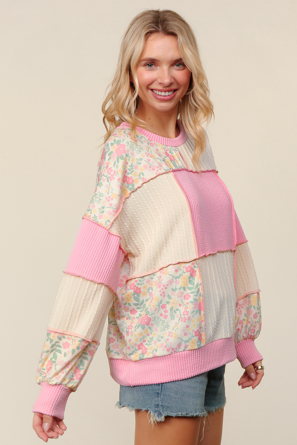 Haptics Pink Round Neck Bubble Long Sleeve Rib Cable Knit Floral Print French Terry Color Block Patchwork Pullover Knit Top