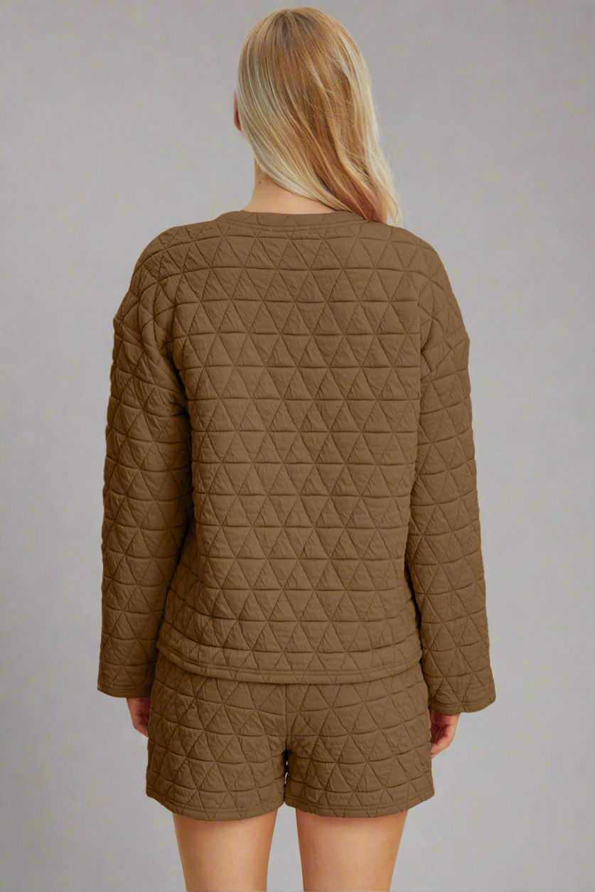 Double Take 3 Colors Quilted Textured Round Neck Long Sleeve Top and Shorts Set Loungewear