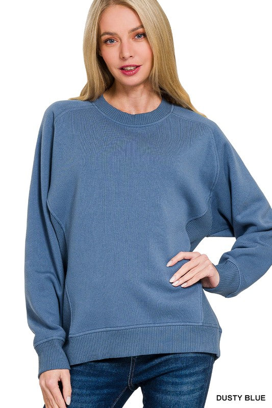 Zenana Ash Blue Fleece Round Neck Ribbed Side Raglan Sweatshirt