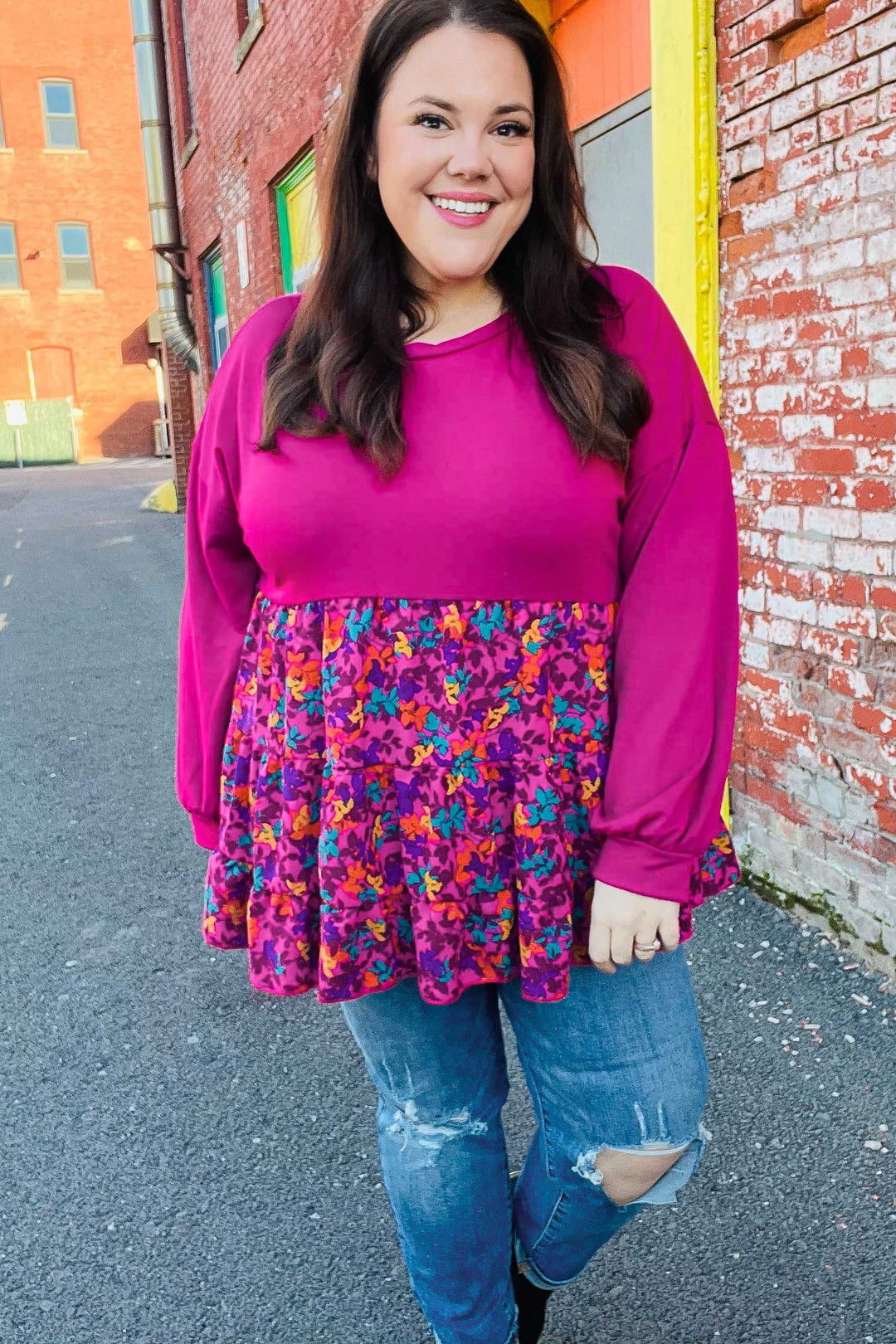 Haptics Berry Drop Shoulder Long Sleeve Babydoll Twofer Top