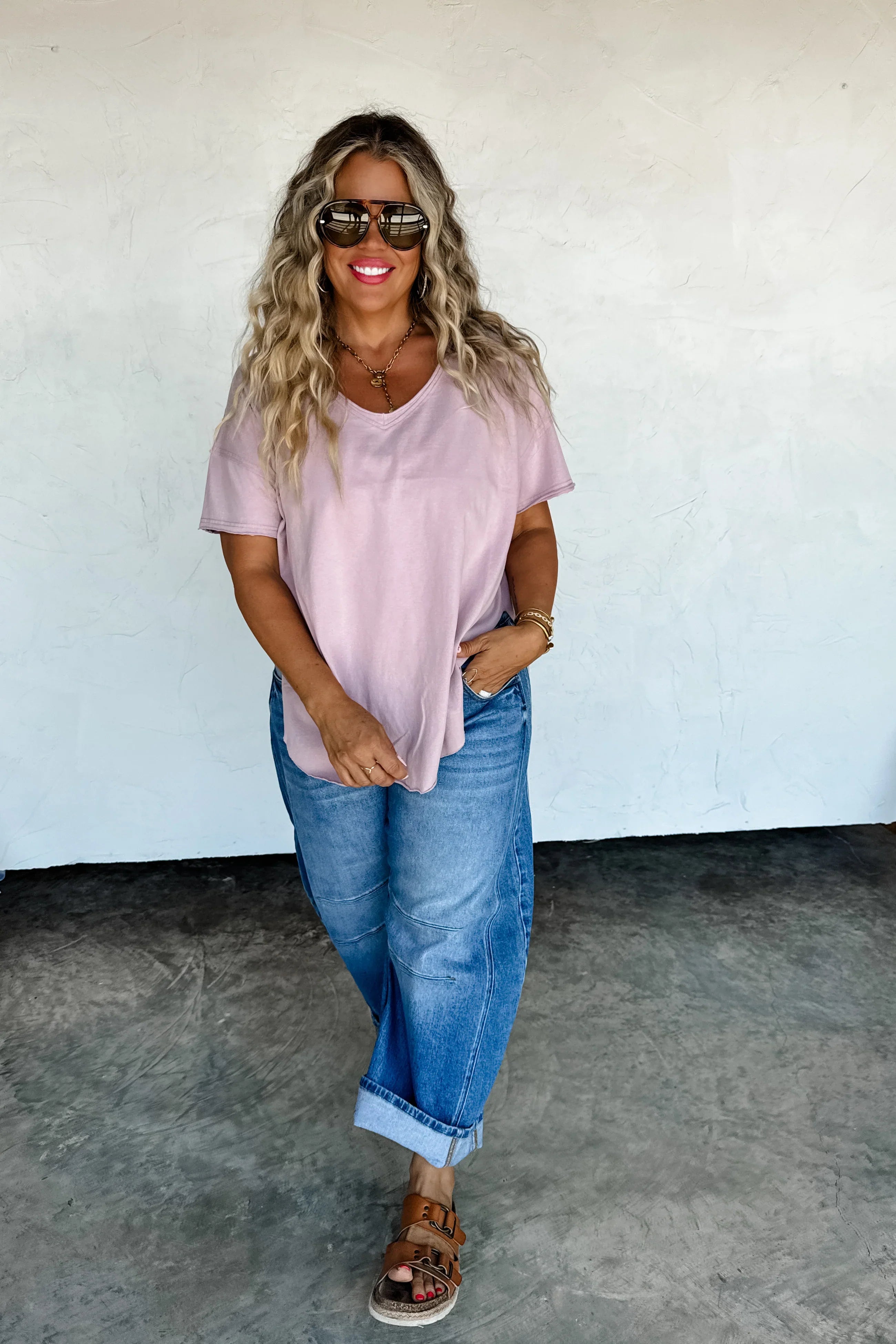 PREORDER: Blakeley Joey V-Neck Washed Cotton Boyfriend Tee Mauve Womens