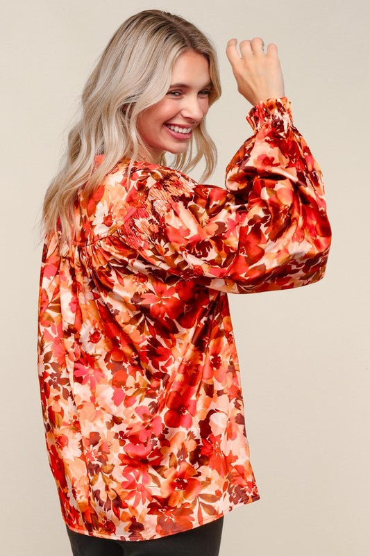 Haptics Rust Floral Print Notched Neck Smocked Satin Blouse