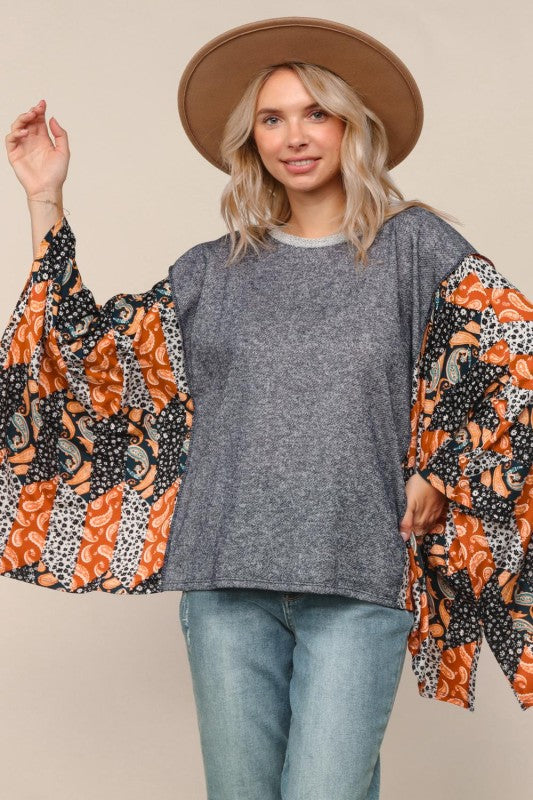 Haptics Two-tone Paisley French Terry Poncho Top