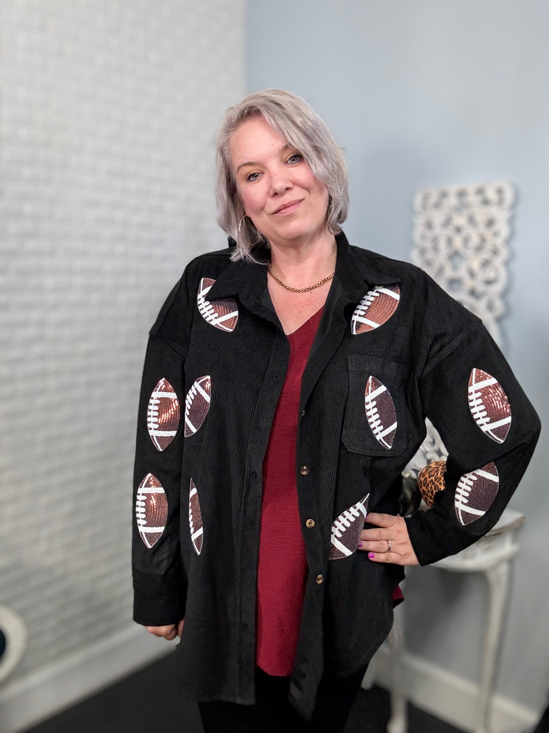 Preorder: Ruby Idol Sequin Football Black Button Up Long Sleeve Corduroy Jacket Shirts & Tops