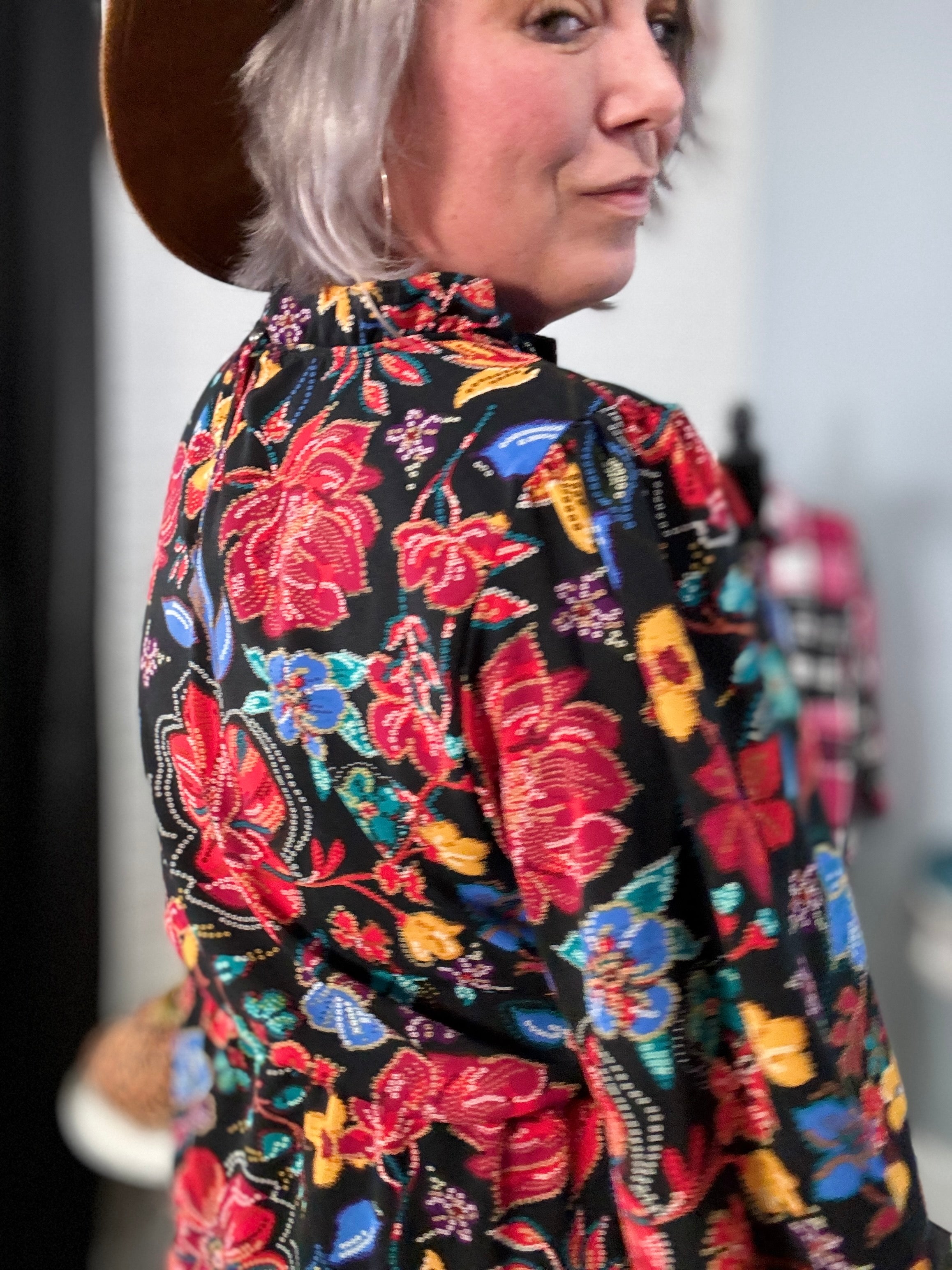 Haptics Lock Eyes Black Floral Sequin Print Ruffle Sleeve Frill Mock Neck Dress Dresses