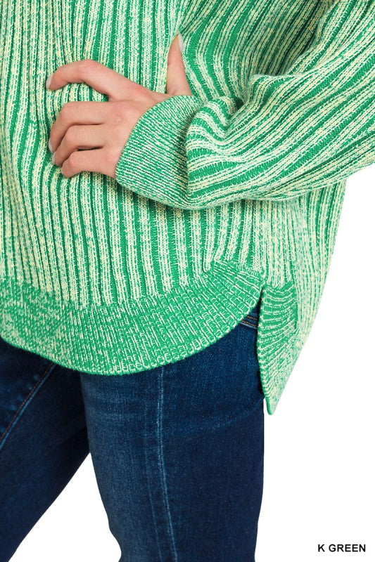 Zenana Black Curved Hem Two-Tone Ribbed Sweater