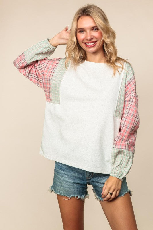 Haptics Solid Pullover Knit Top with Plaid Sleeves – Light Grey/Sage/Pink