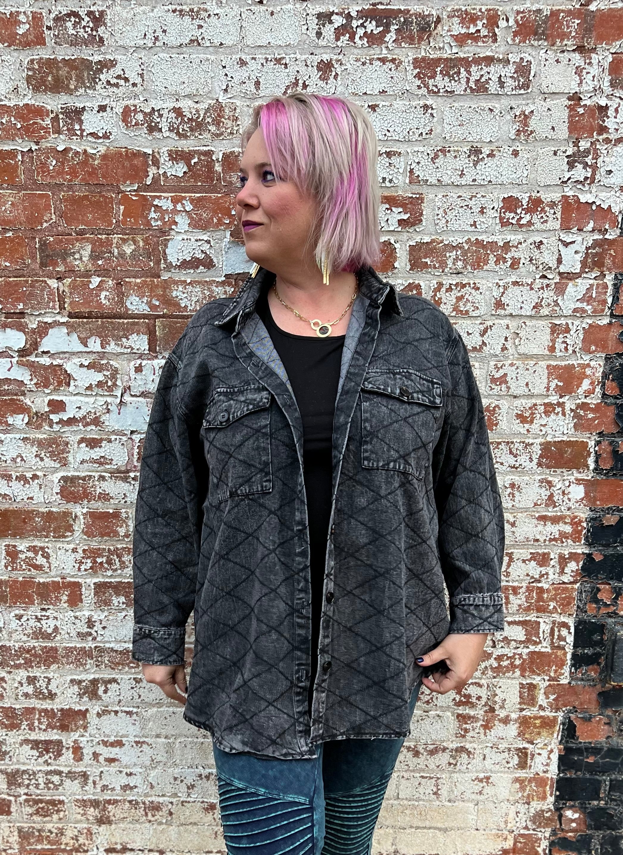 Davi & Dani Black Curved Hem Diamond Quilted Button Up Denim Shacket Black Shirts & Tops