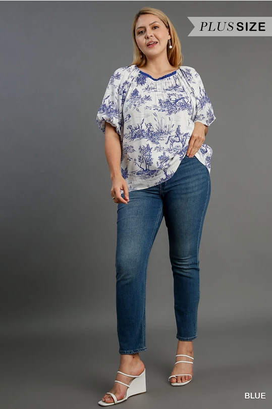 Umgee Blue Two Tone Landscape Round Neck Print Top