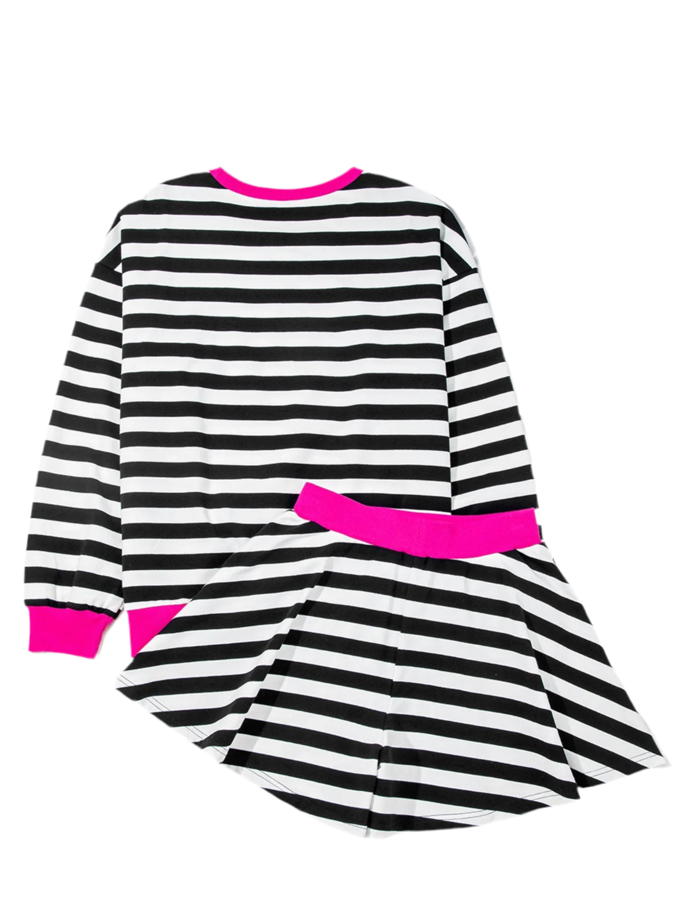 Preorder Black & White Stripe Contrast Ribbed Banding Long Sleeve Blouse and Loose Shorts Set
