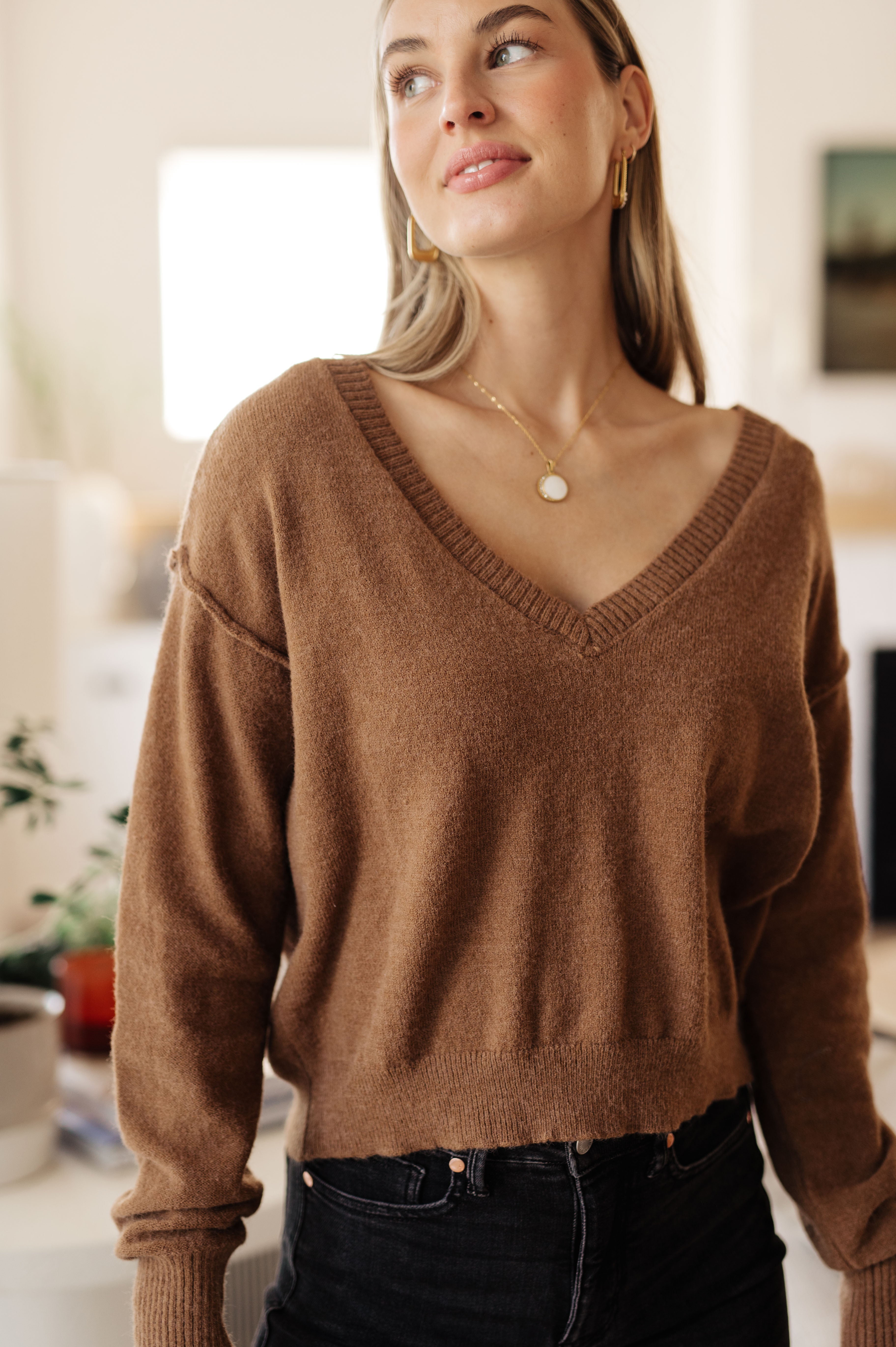 GeeGee Back to Life V-Neck Sweater in Mocha Tops