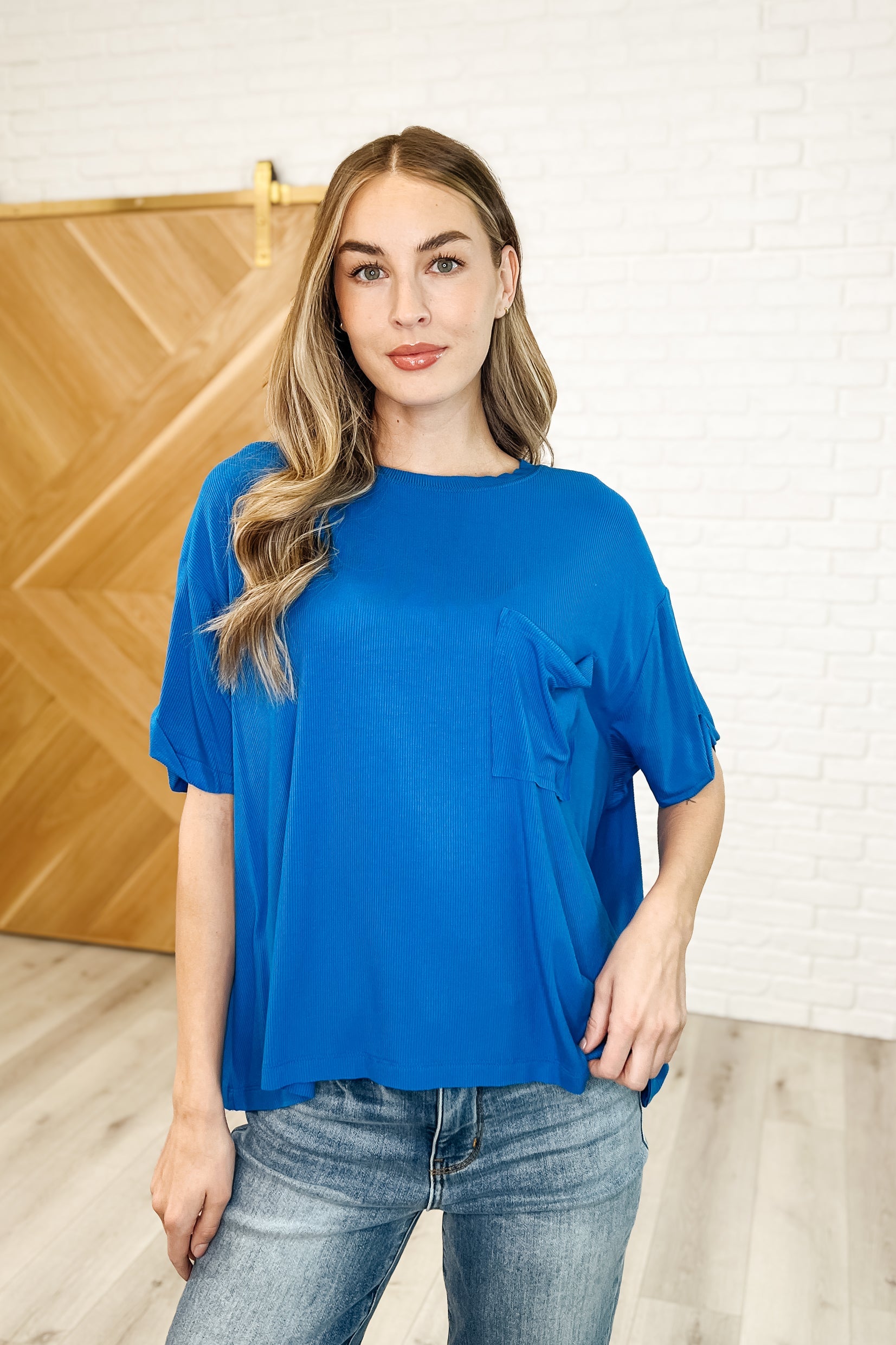 Zenana Bare Necessitee Relaxed Tee in Ocean Blue Womens