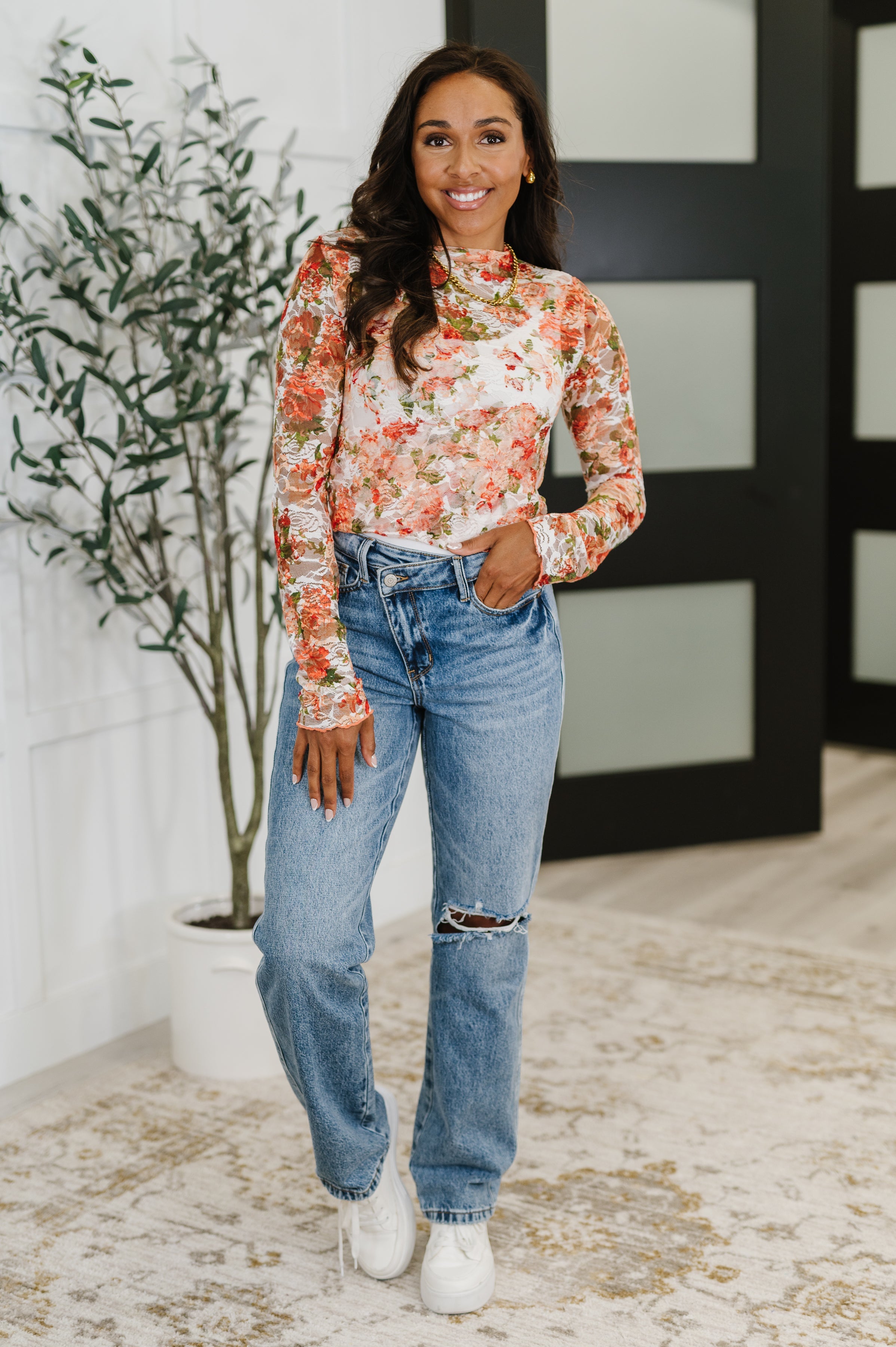 Haptics Barely Behaving Floral Print Layering Top in Coral Womens