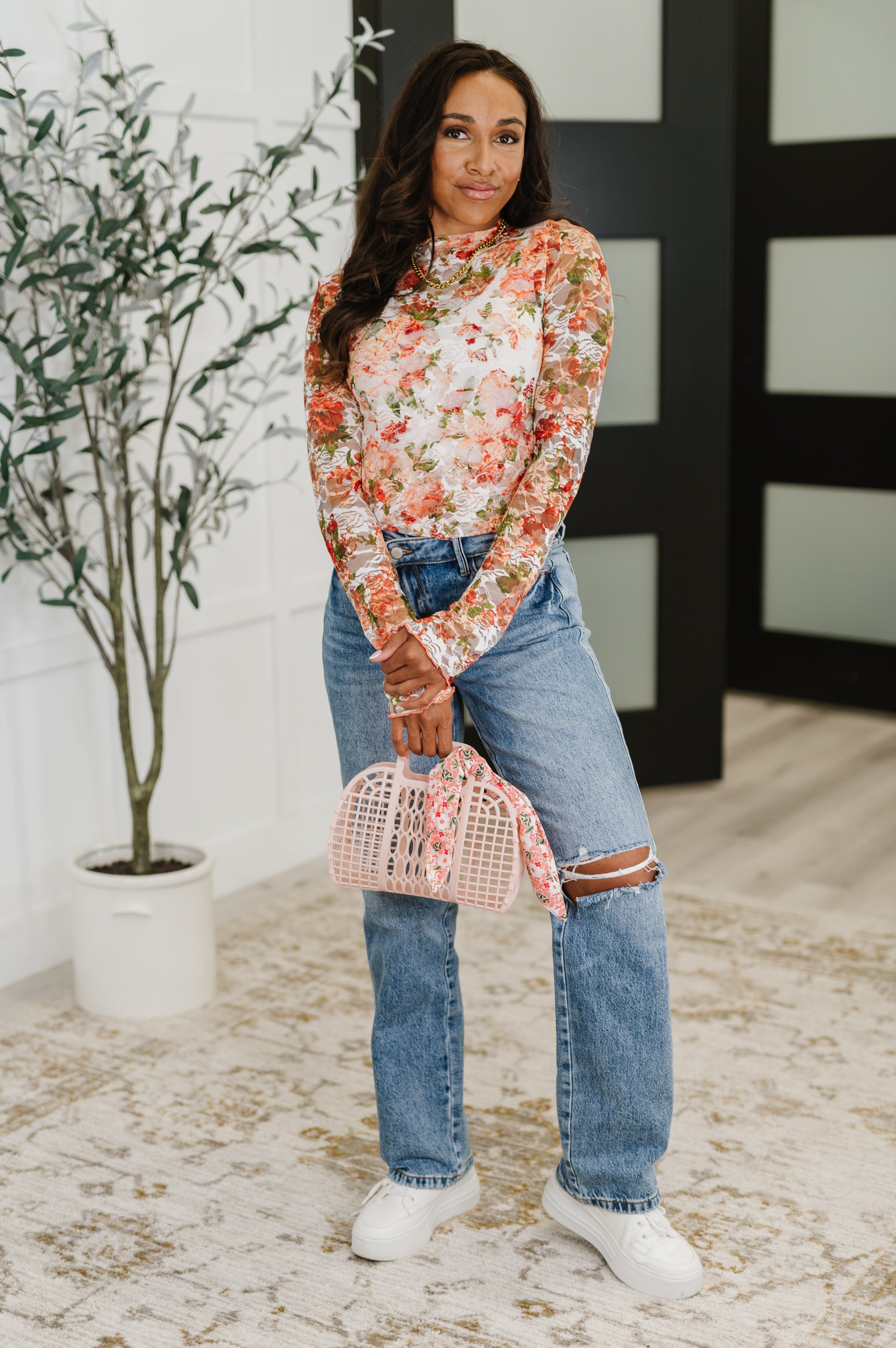 Haptics Barely Behaving Floral Print Layering Top in Coral Womens