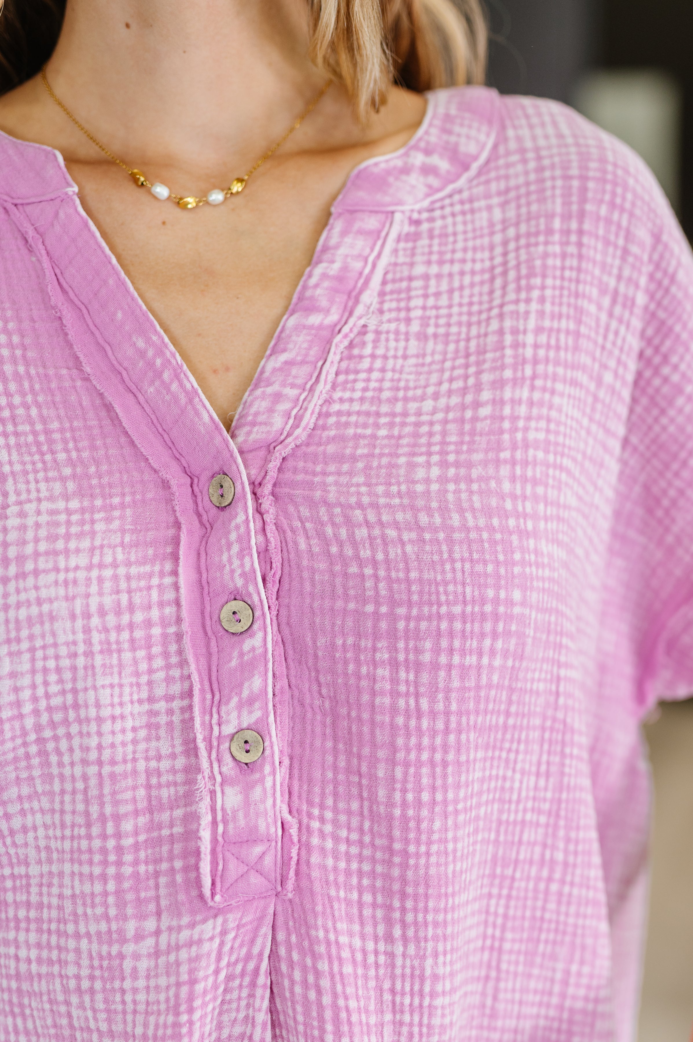 Zenana Bright Mauve Washed Double Gauze 3/4 Button Henley Neck Shirt