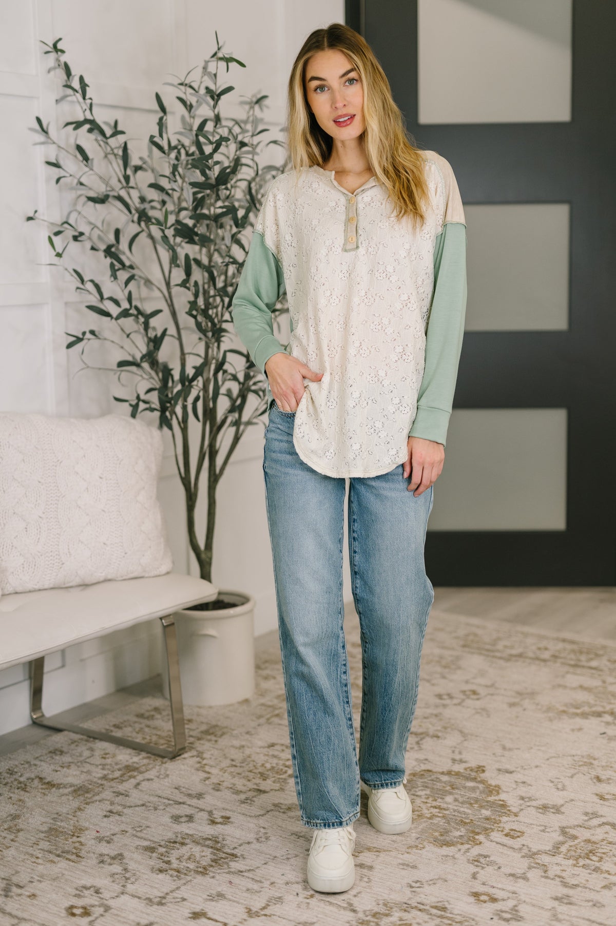 7th Ray Because I Can Drop Shoulder Henley Top Womens