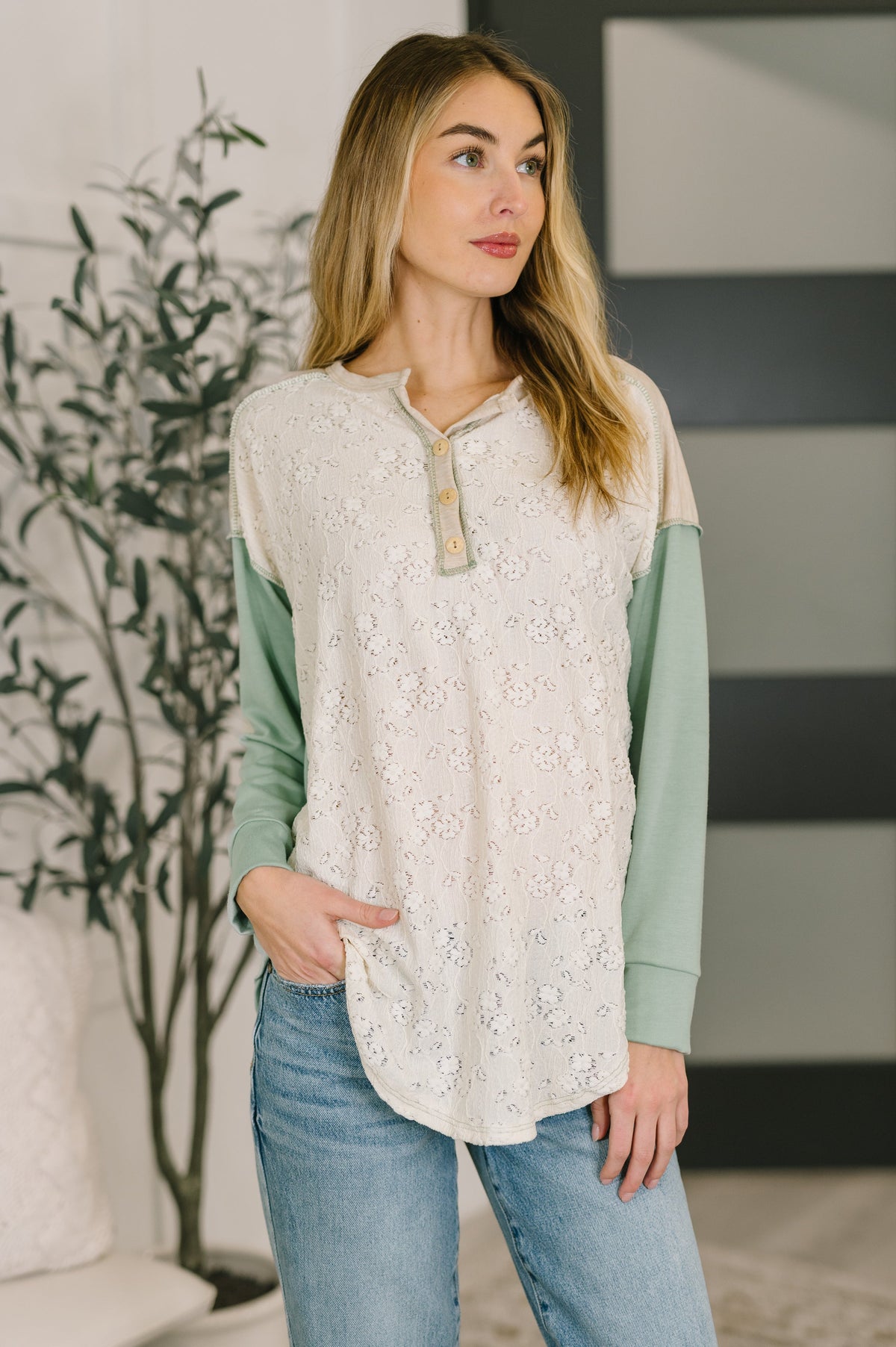 7th Ray Because I Can Drop Shoulder Henley Top Womens