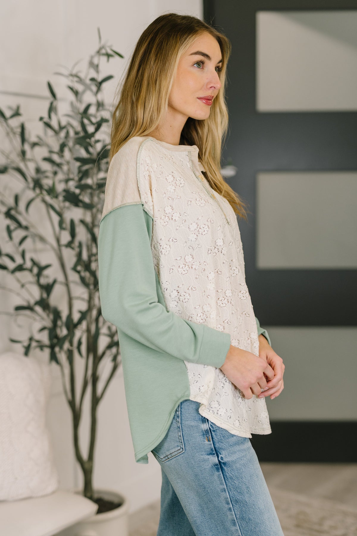 7th Ray Because I Can Drop Shoulder Henley Top Womens