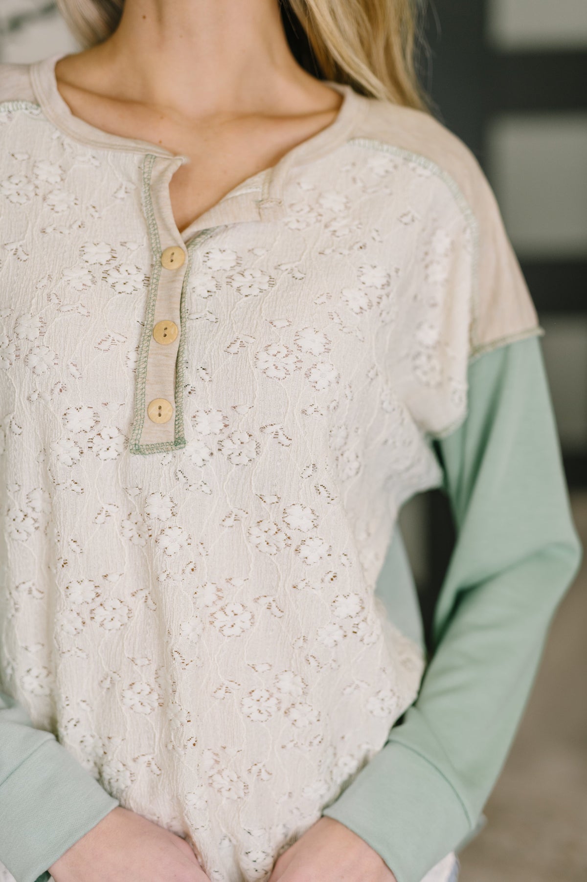 7th Ray Because I Can Drop Shoulder Henley Top Womens