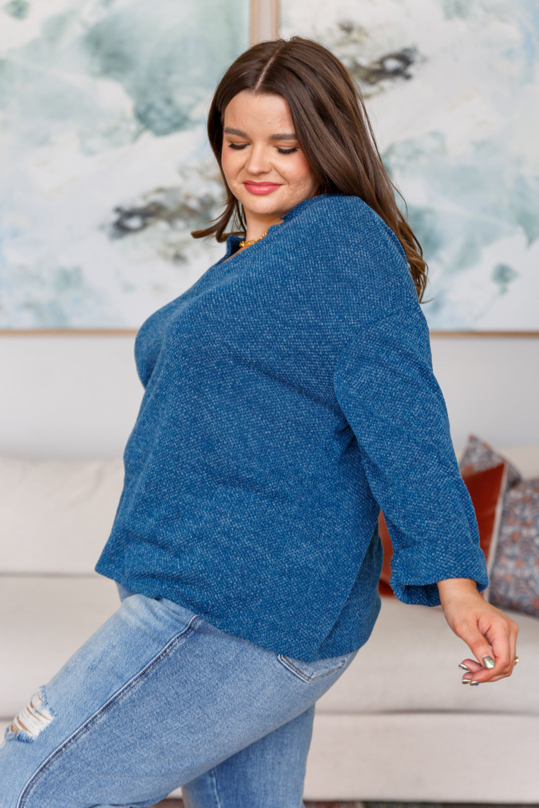 Sew in Love Best Foot Forward V-Neck Chenille Knit Pullover in Blue Tops
