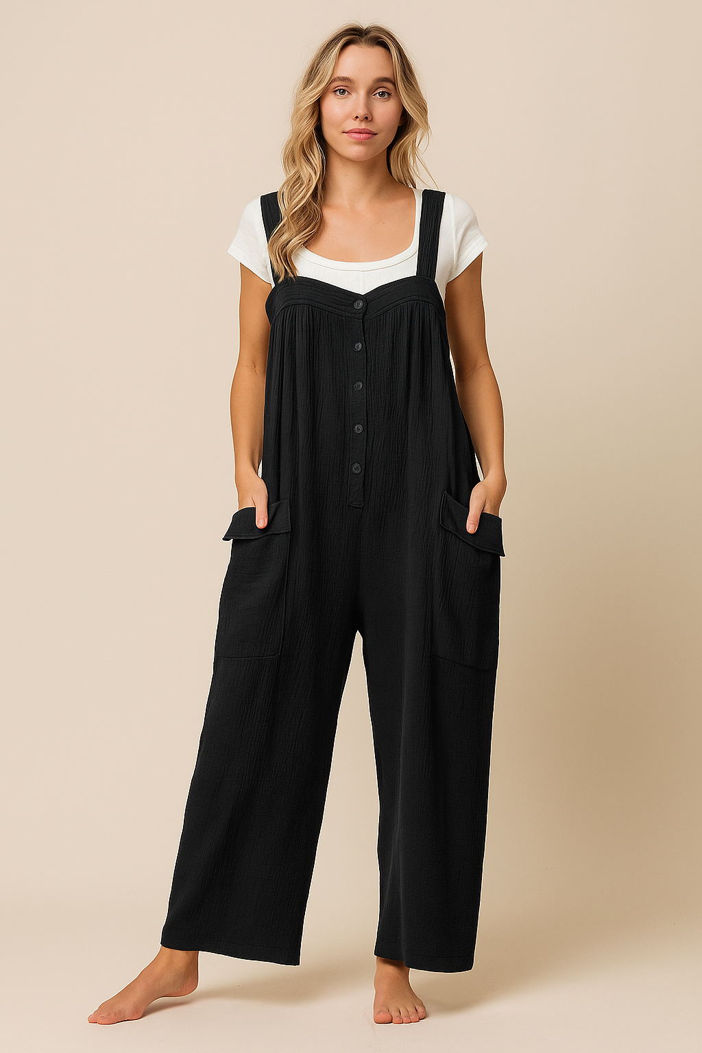 BiBi Back Gauze Buttoned Up Overall Jumpsuit with Pockets