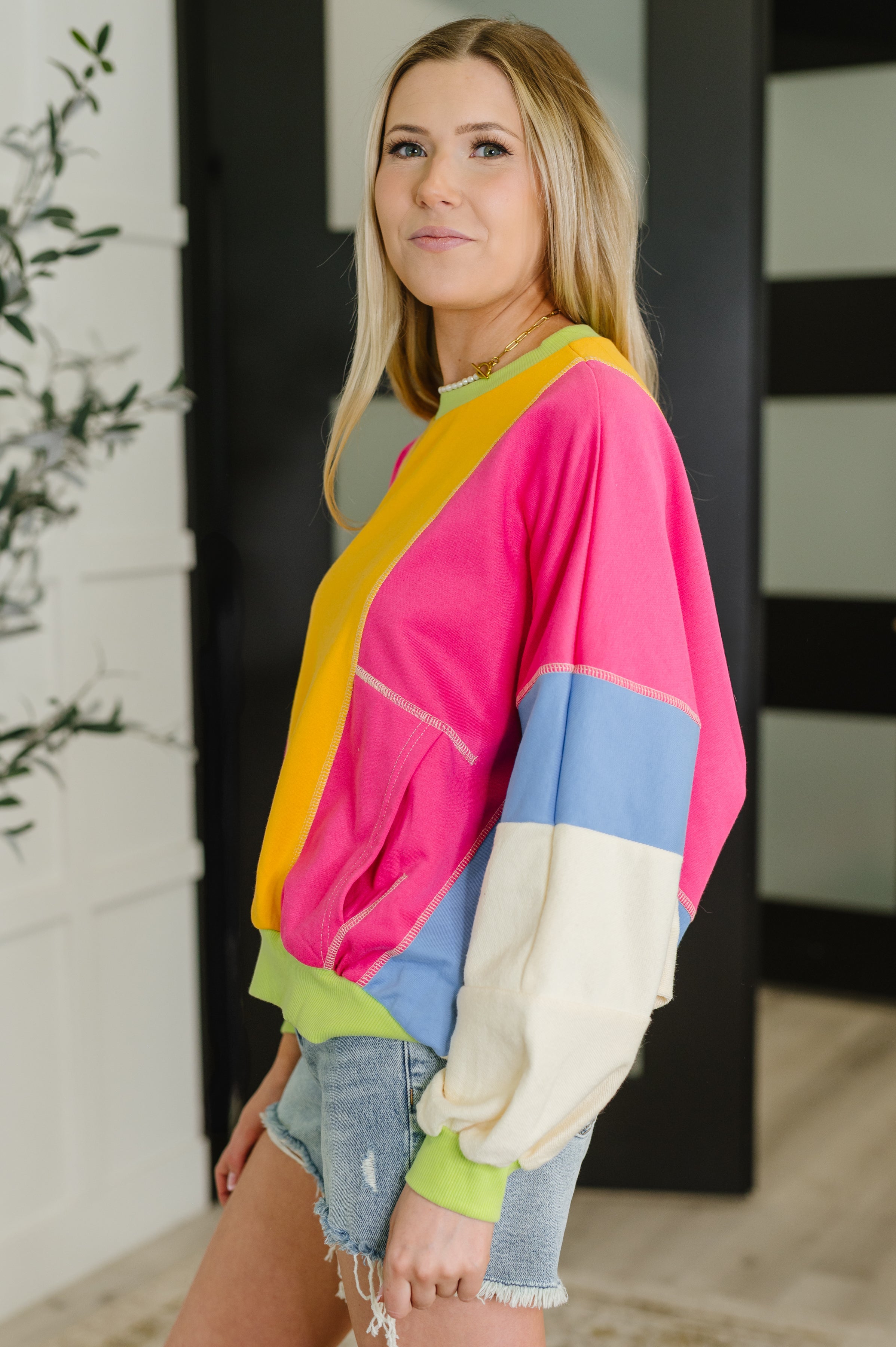 One Eleven North Blockbuster Color Block Pullover in Bright Womens