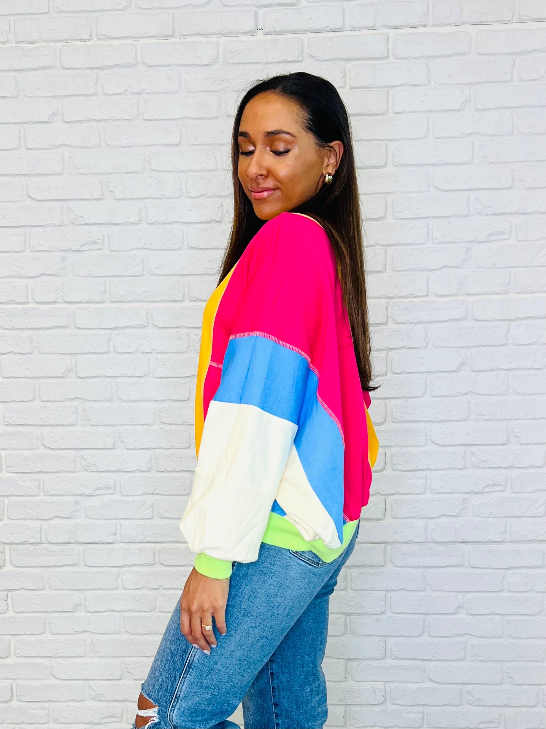 One Eleven North Blockbuster Color Block Pullover in Bright Womens