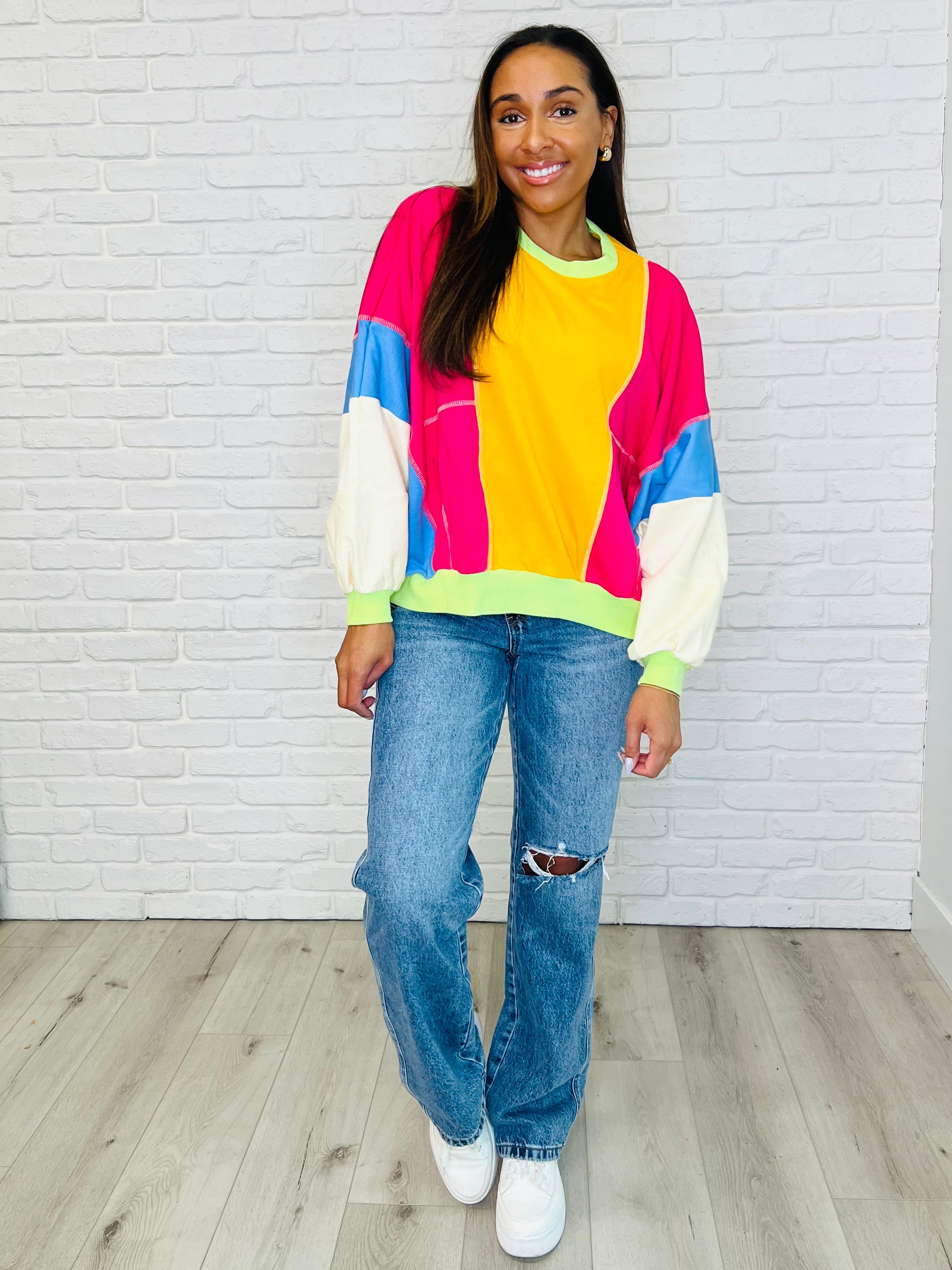 One Eleven North Blockbuster Color Block Pullover in Bright Womens