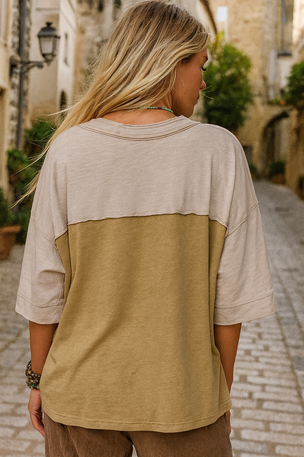 Preorder Vintage Floral Patch Color Block V-Neck T-Shirt