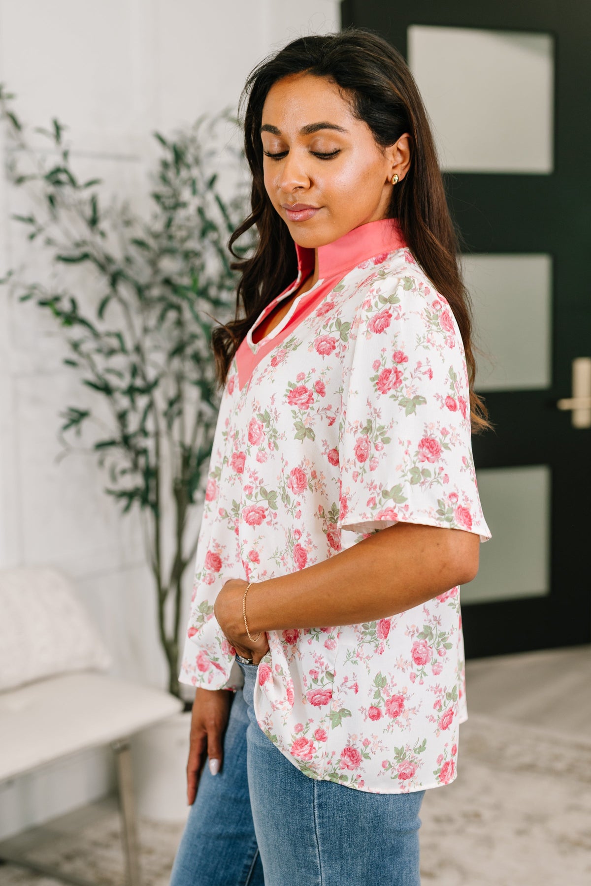 Haptics Blooming Season Split Neck Floral Blouse Womens