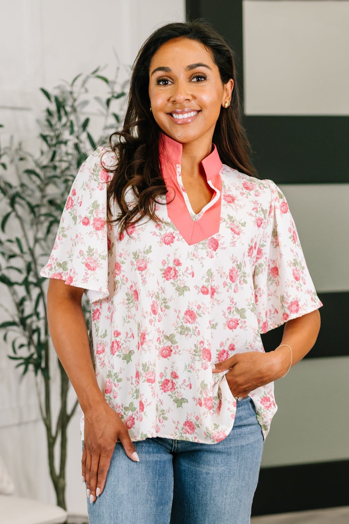 Haptics Blooming Season Split Neck Floral Blouse Womens