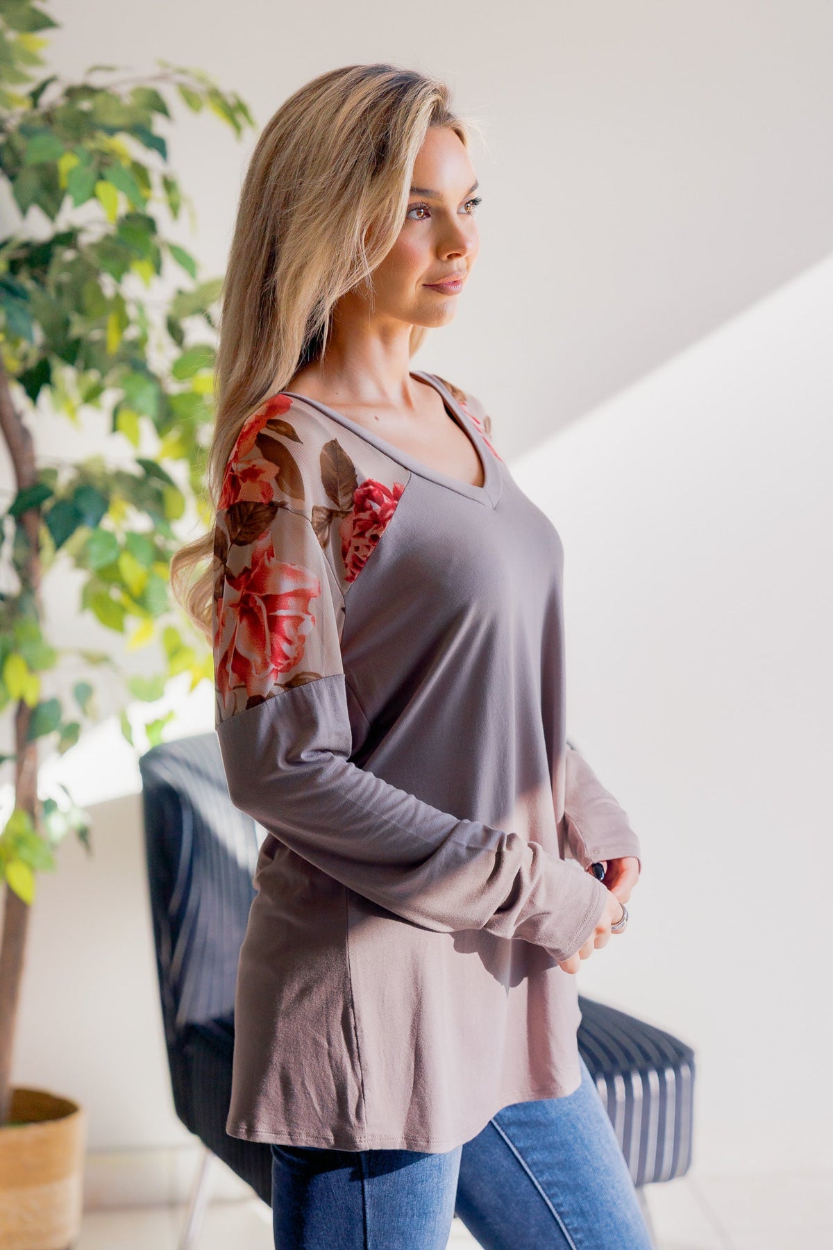 Blumin Blush Over Ash Floral Contrast Long Sleeve Top