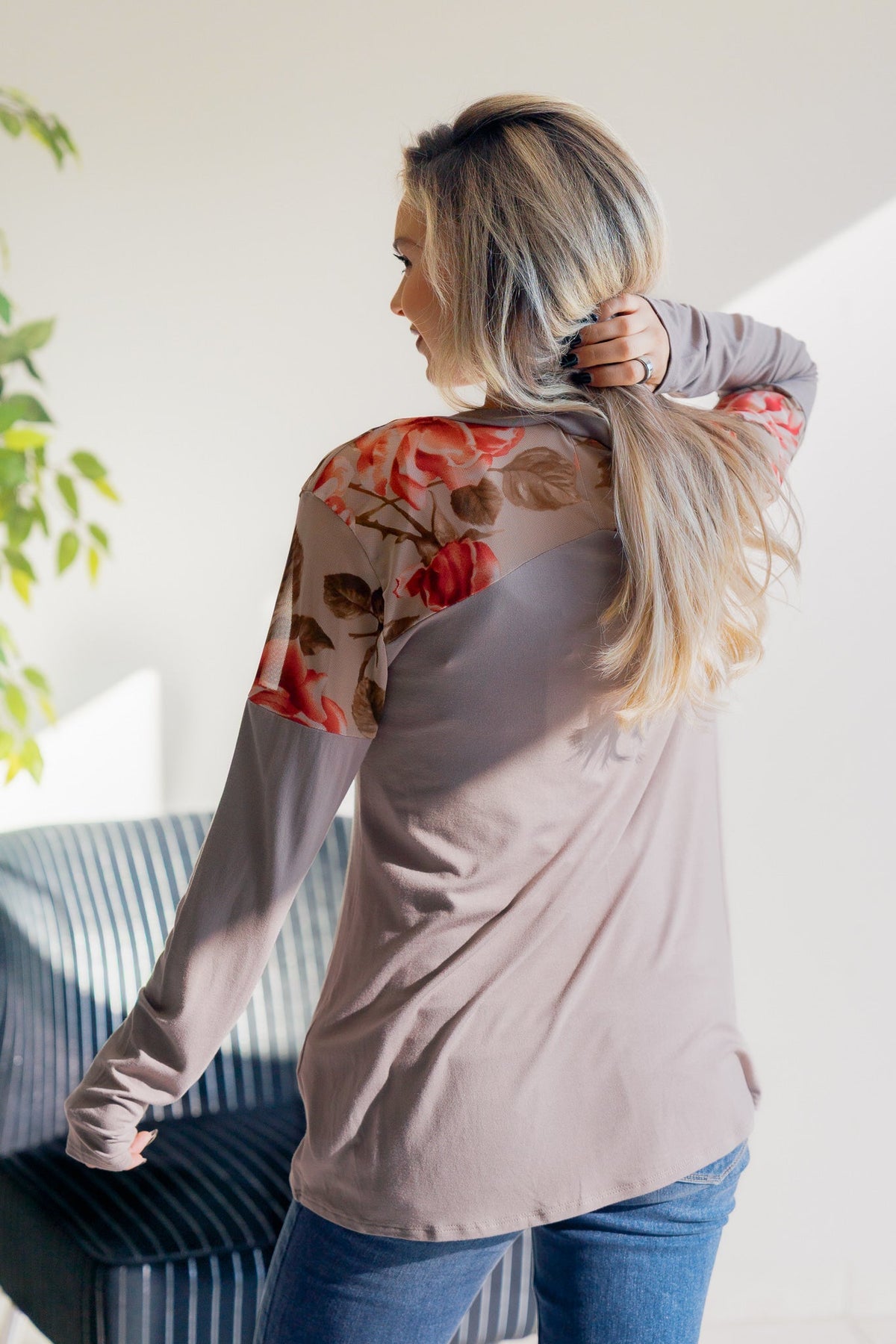 Blumin Blush Over Ash Floral Contrast Long Sleeve Top