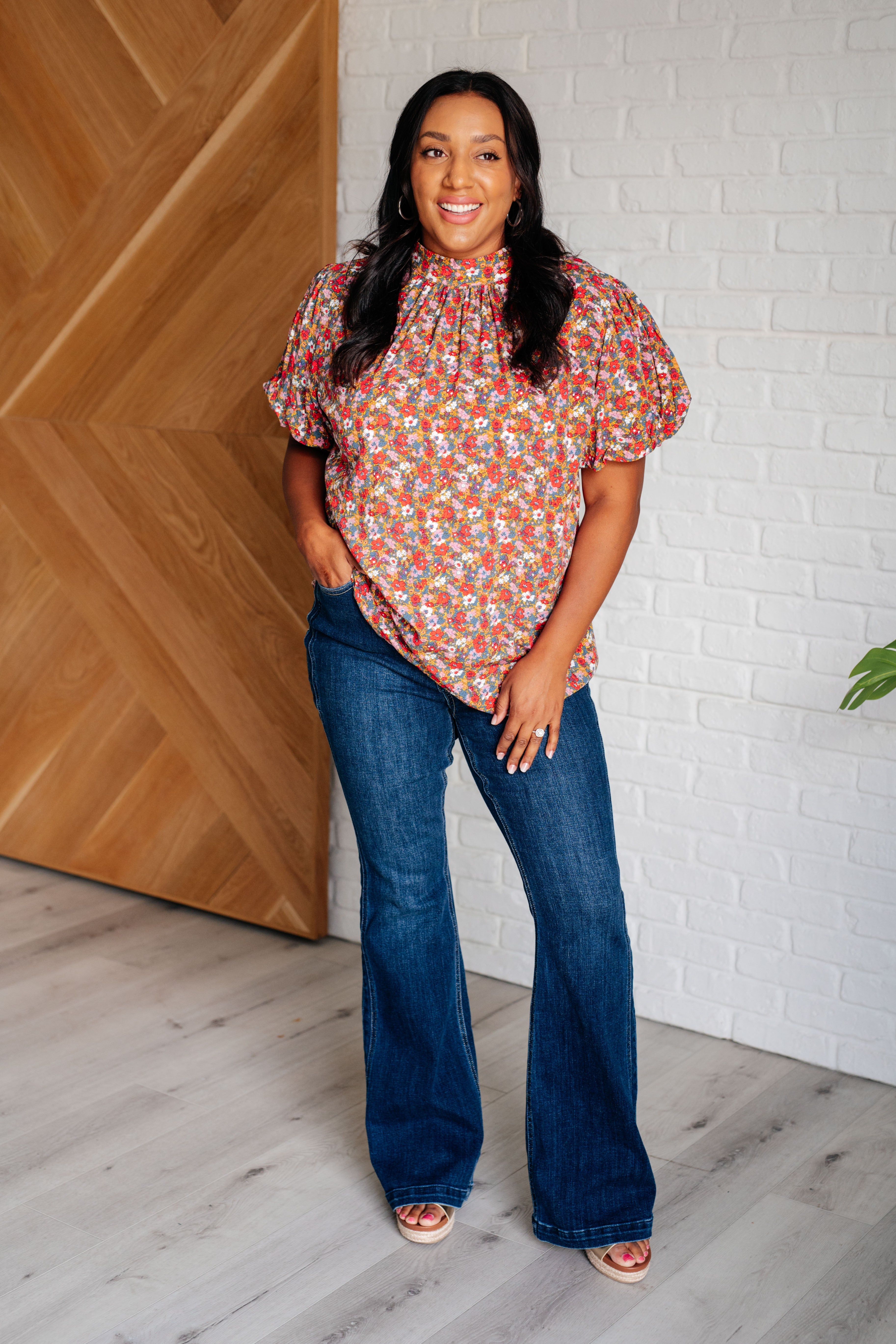 One Eleven North Bohemian Moment Floral Mock Neck Blouse Blouses