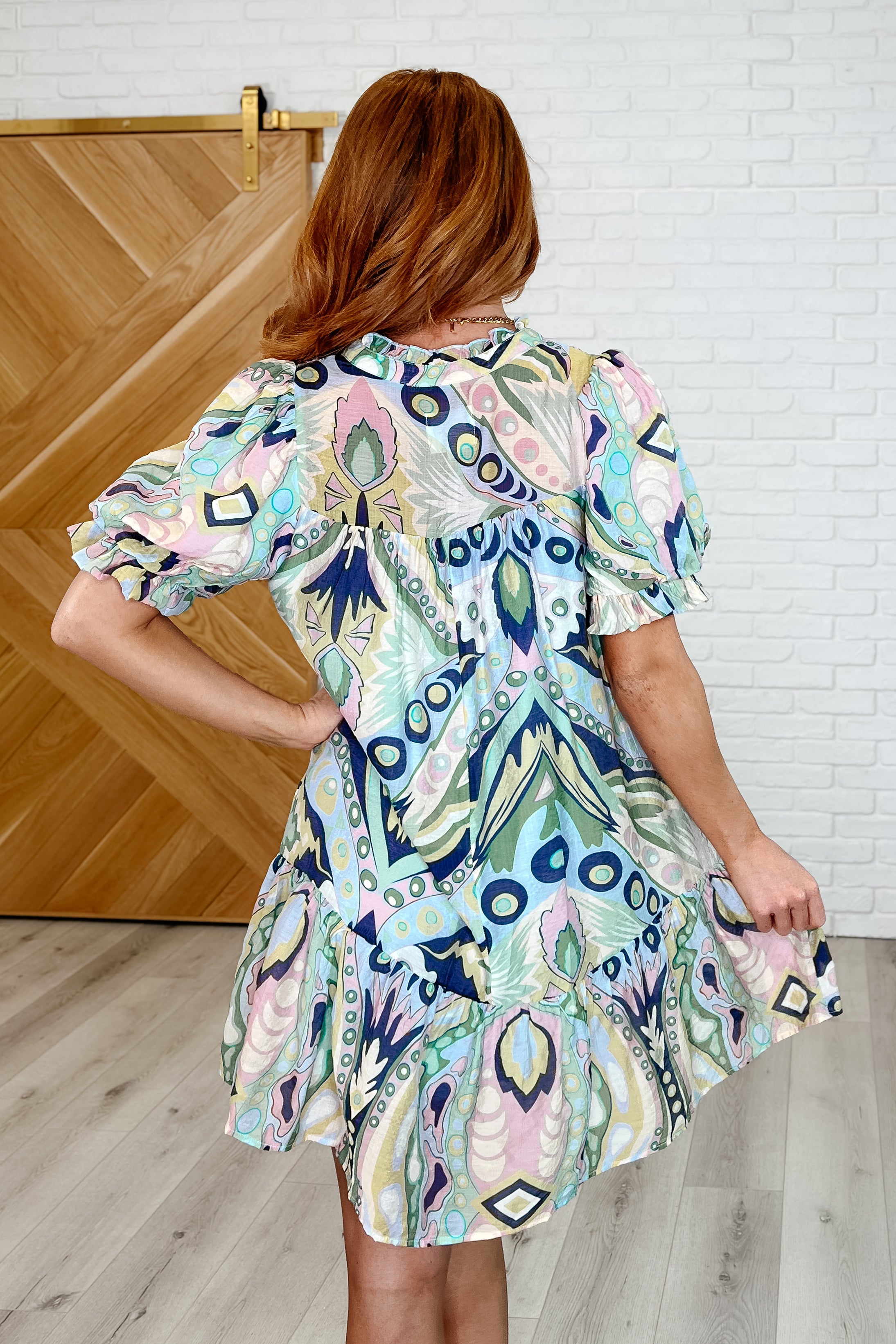 Umgee Boho Belle V-Neck Tiered Dress in Green Mix Womens