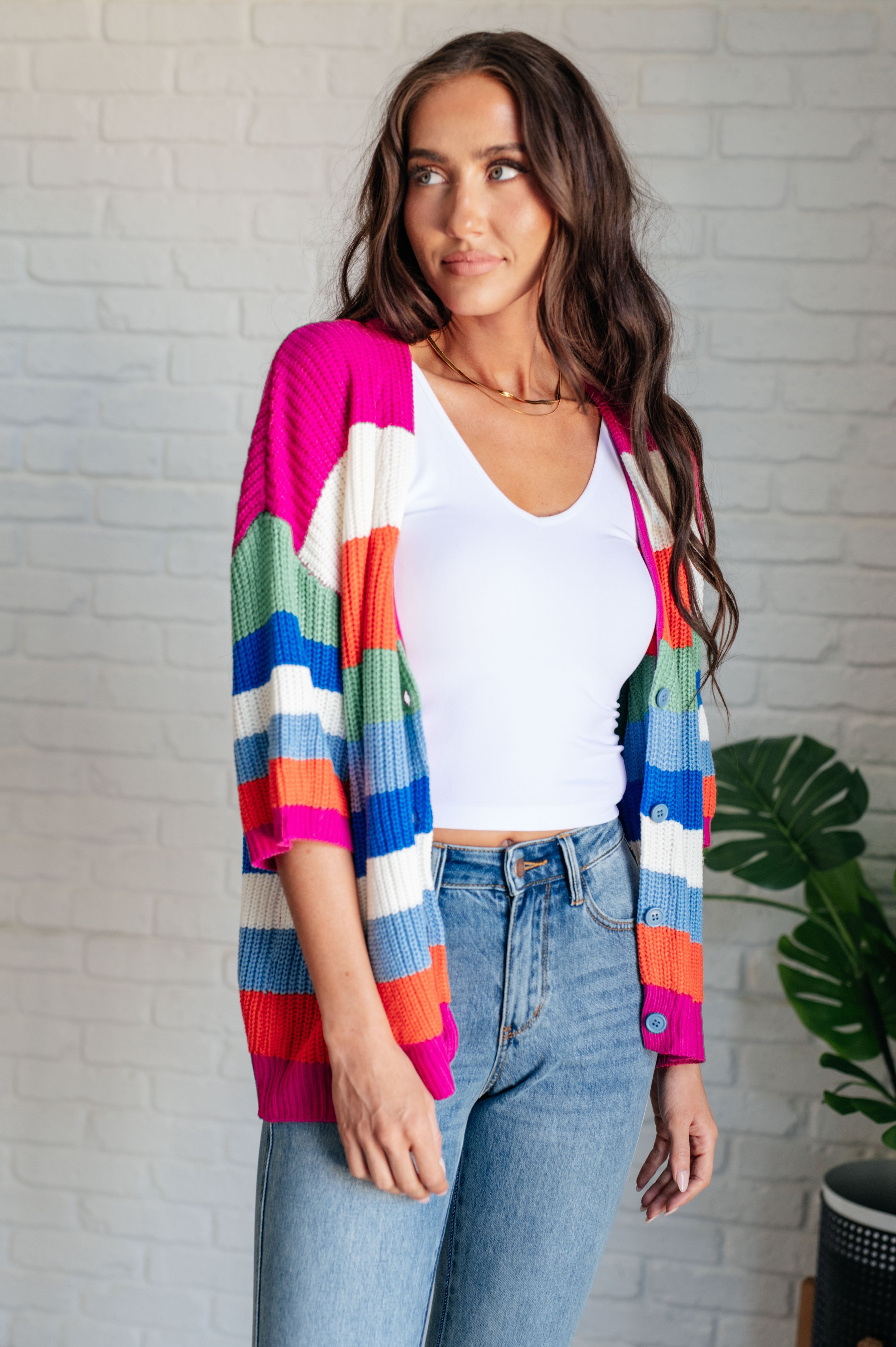 BiBi Bold Flirt Multi Color Stripe Button Down Cardigan Cardigan